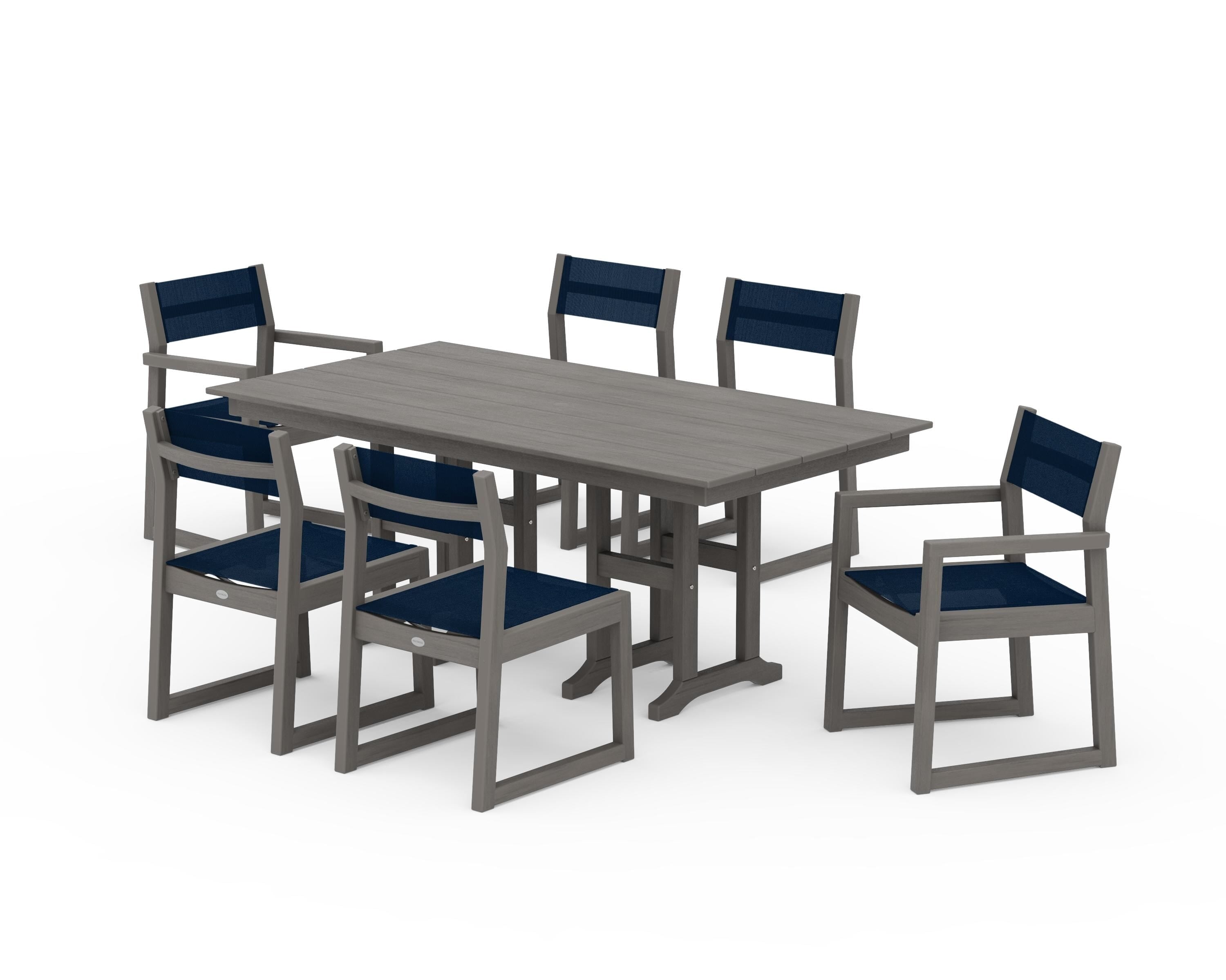 POLYWOOD EDGE Sling 7-Piece Farmhouse Dining Set in Driftwood / Navy Blue Sling