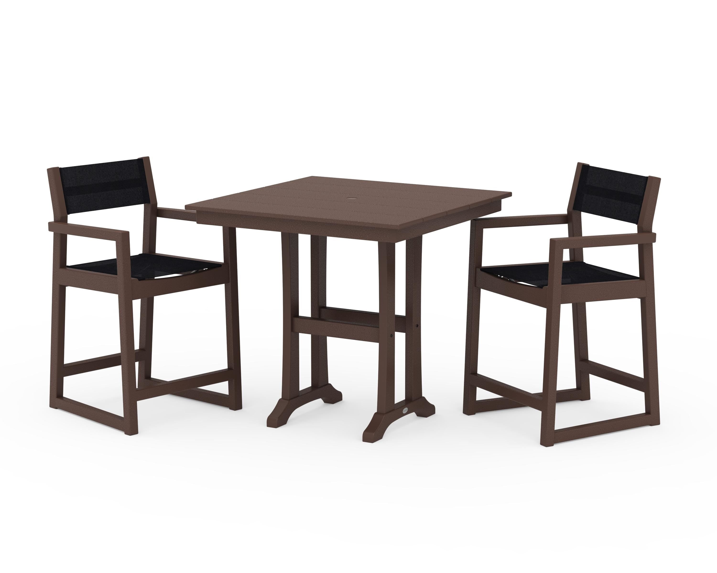 POLYWOOD EDGE Sling Arm Chair 3-Piece Farmhouse Counter Set with Trestle Legs in Mahogany / Black Sling