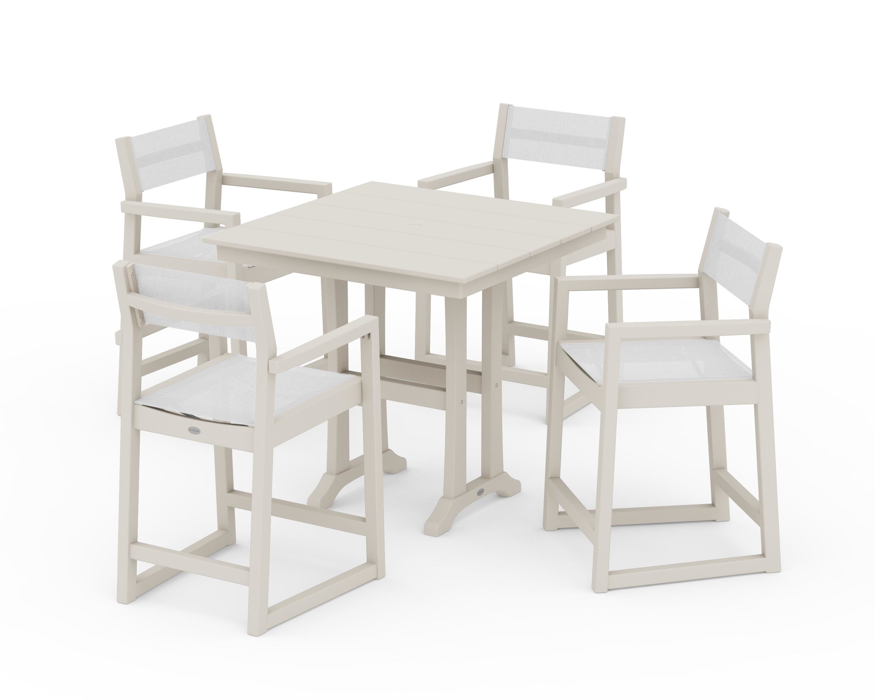 POLYWOOD EDGE Sling Arm Chair 5-Piece Farmhouse Counter Set with Trestle Legs in Sand / White Sling