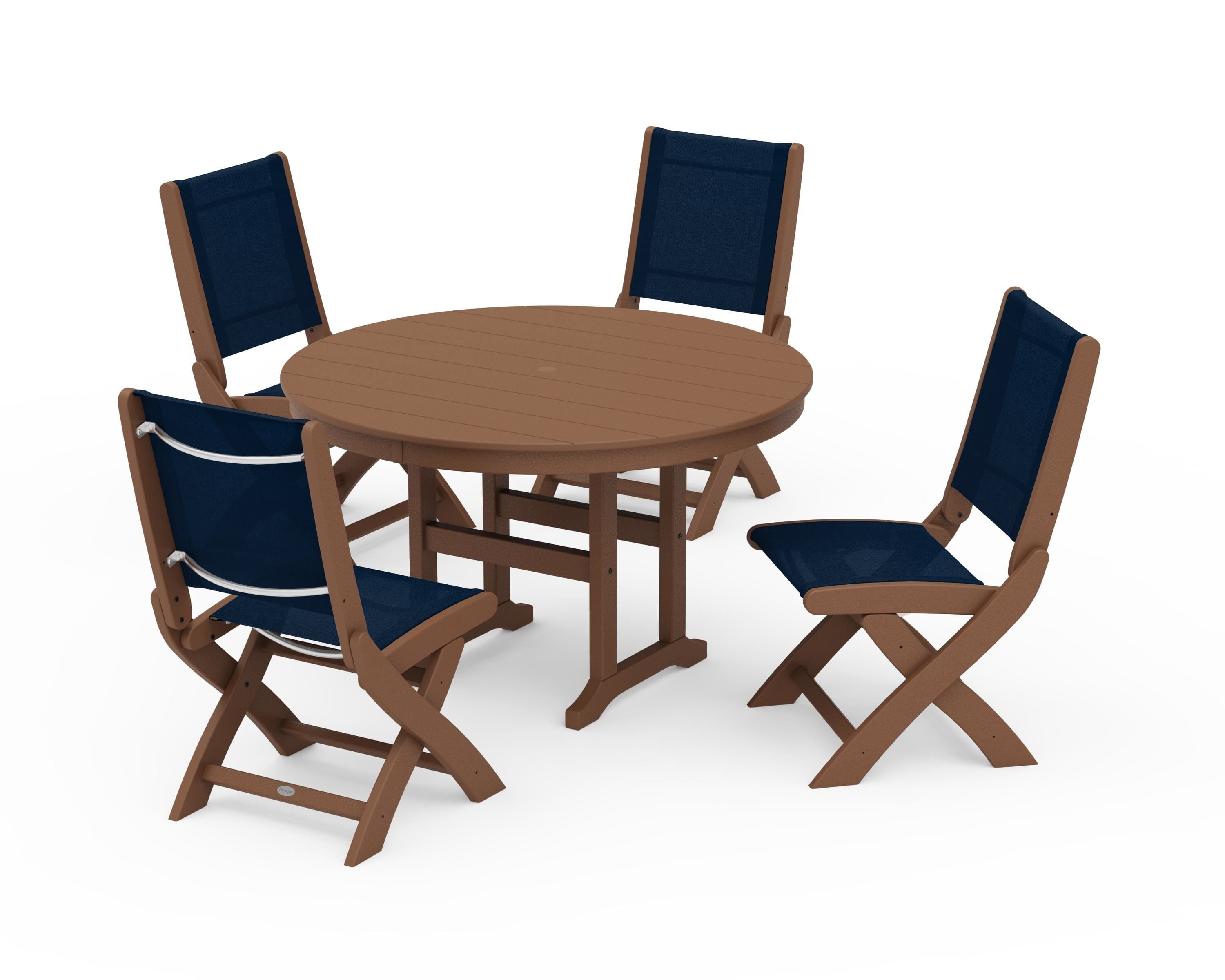 POLYWOOD Coastal Folding Side Chair 5-Piece Round Dining Set in Teak / Navy Blue Sling