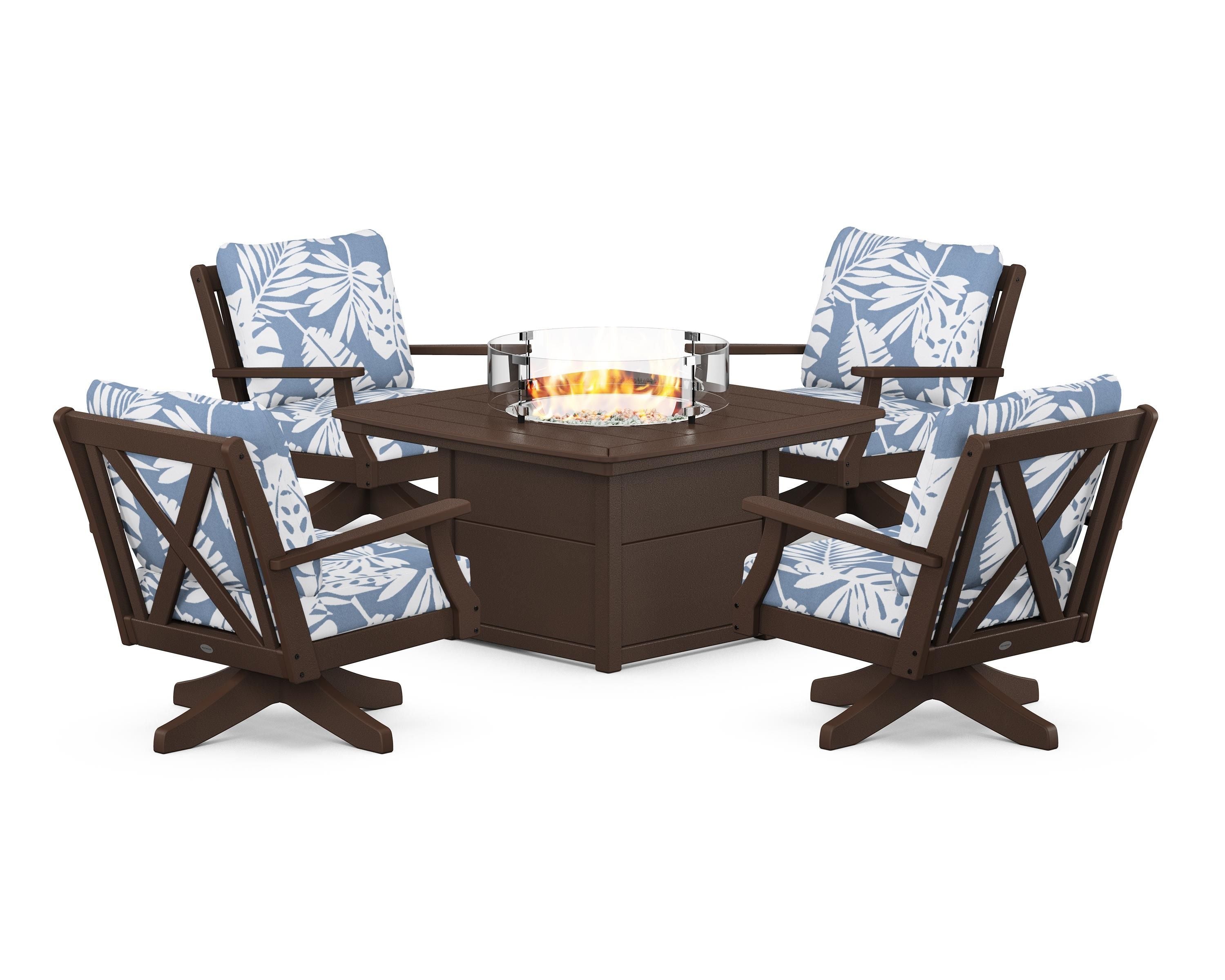 POLYWOOD Braxton 5-Piece Deep Seating Swivel Conversation Set with Fire Pit Table in Mahogany / Leaf Sky Blue