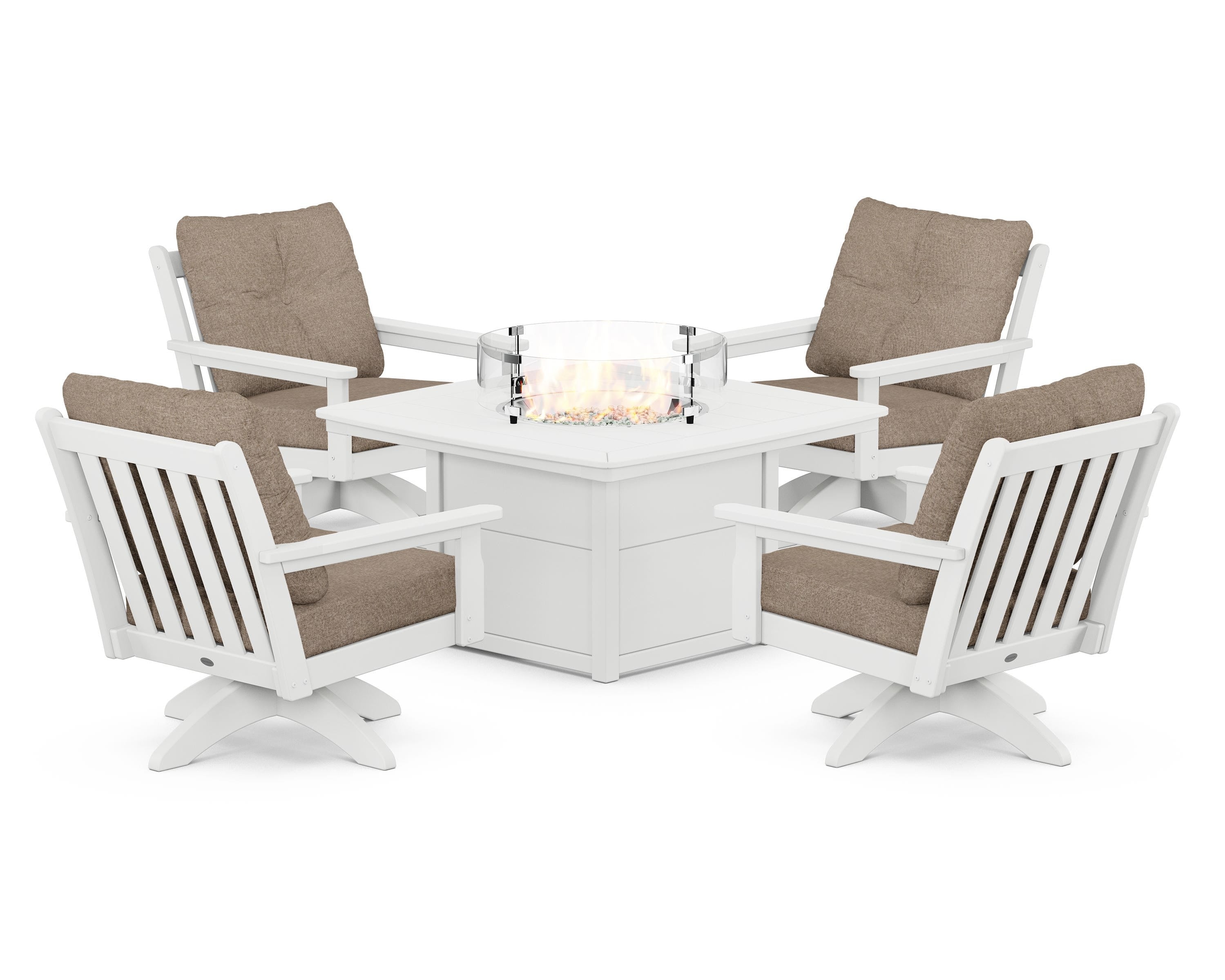 POLYWOOD Vineyard 5-Piece Deep Seating Swivel Conversation Set with Fire Pit Table in White / Spiced Burlap