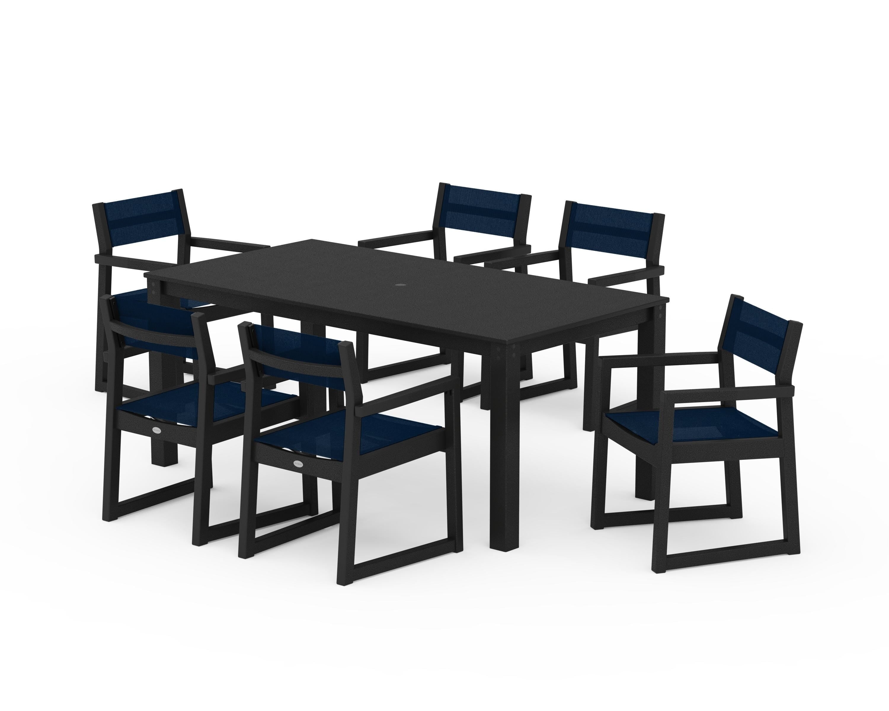 POLYWOOD EDGE Sling Arm Chair 7-Piece Parsons Dining Set in Black / Navy Blue Sling