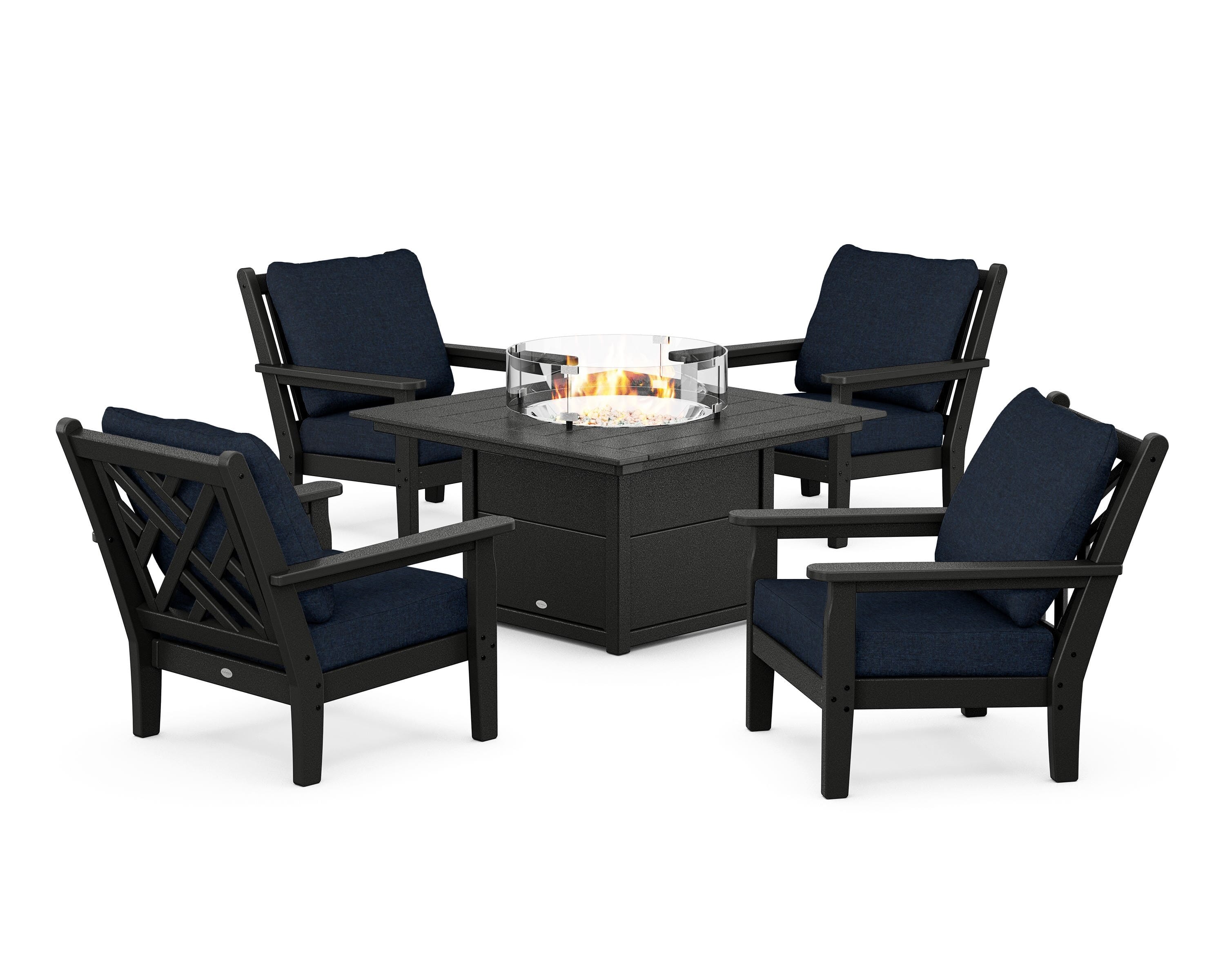 POLYWOOD Chippendale 5-Piece Deep Seating Set with Fire Pit Table in Black / Marine Indigo