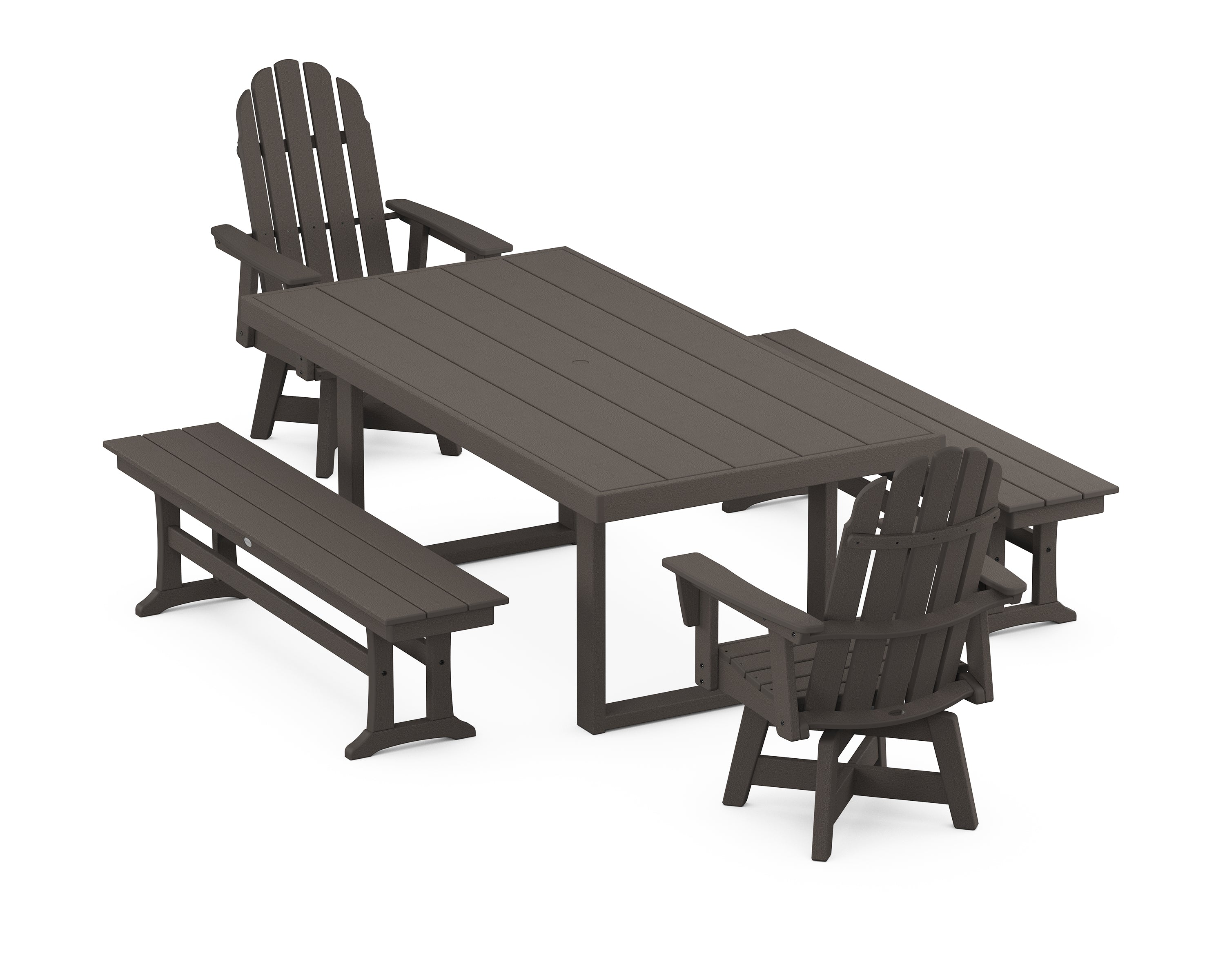 POLYWOOD® Vineyard Curveback Adirondack Swivel Chair 5-Piece Dining Set with Benches in Vintage Coffee