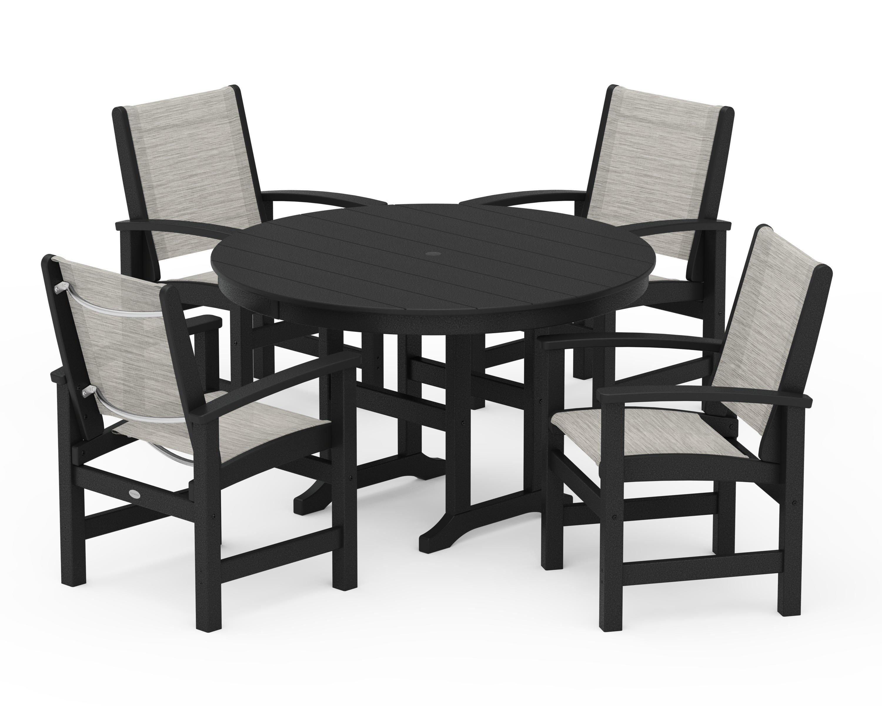 POLYWOOD Coastal 5-Piece Round Farmhouse Dining Set in Black / Birch Sling