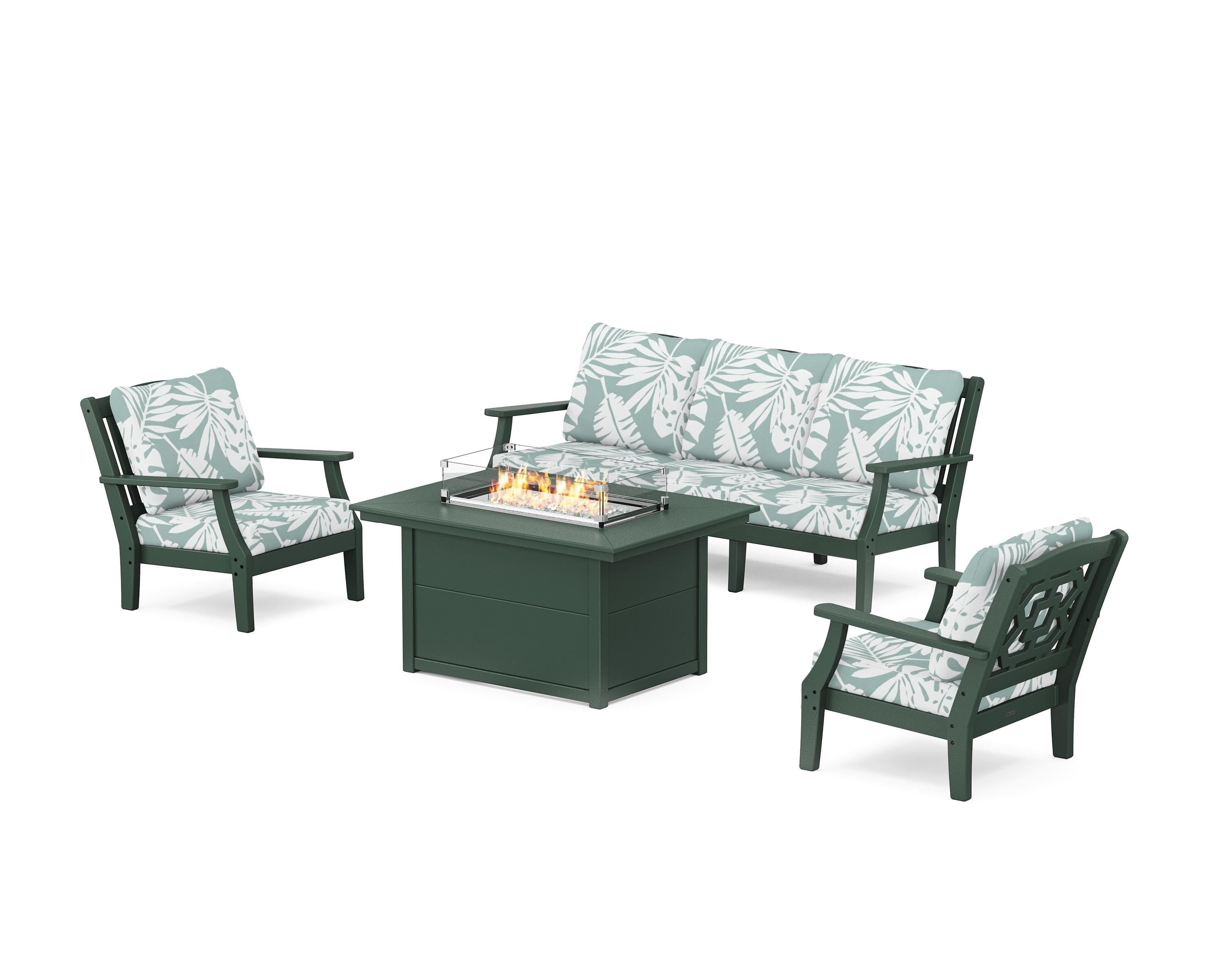 Martha Stewart by POLYWOOD Chinoiserie Deep Seating Fire Pit Table Set in Green / Leaf Glacier Spa
