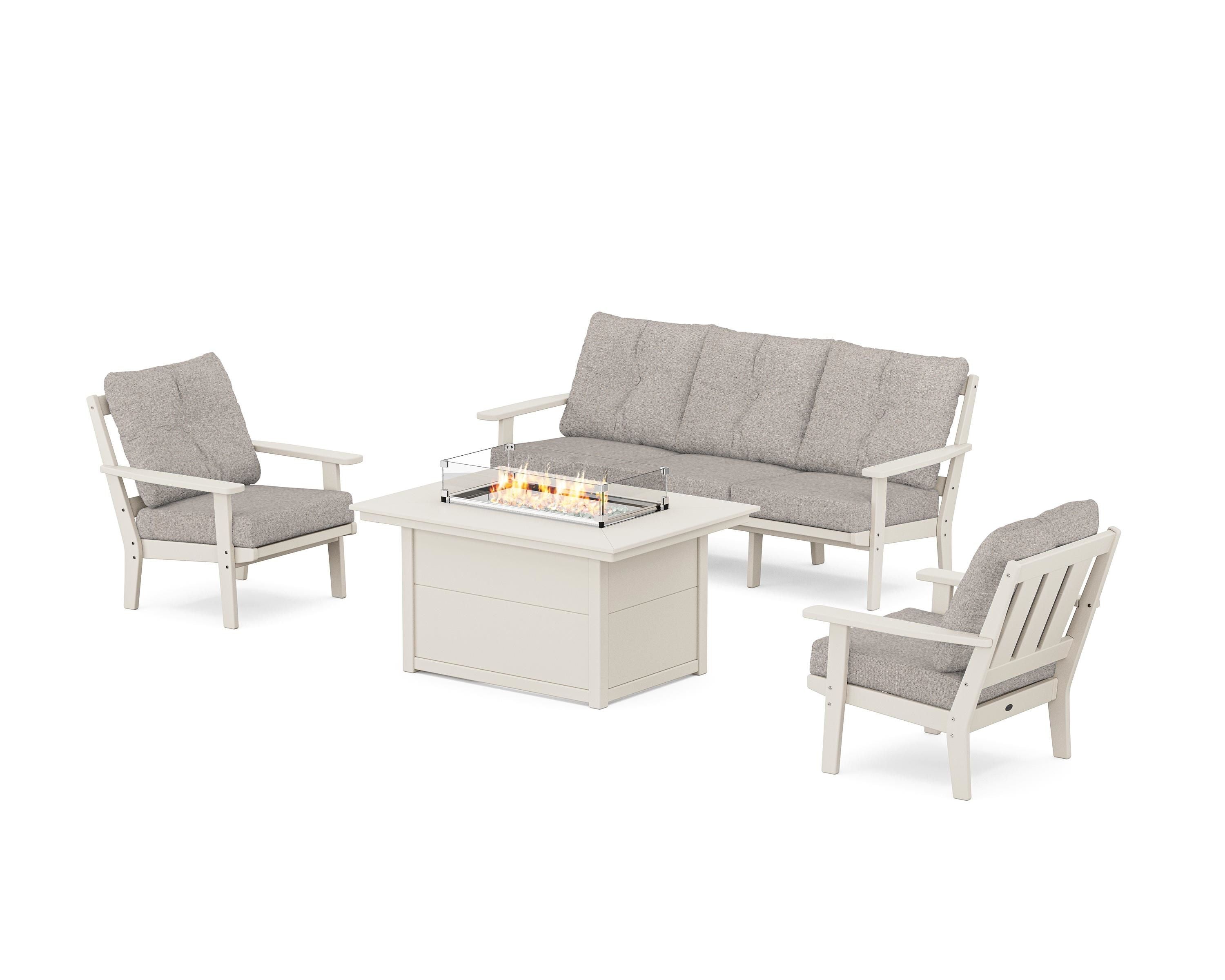 POLYWOOD Oxford Deep Seating Fire Pit Table Set in Sand / Weathered Tweed