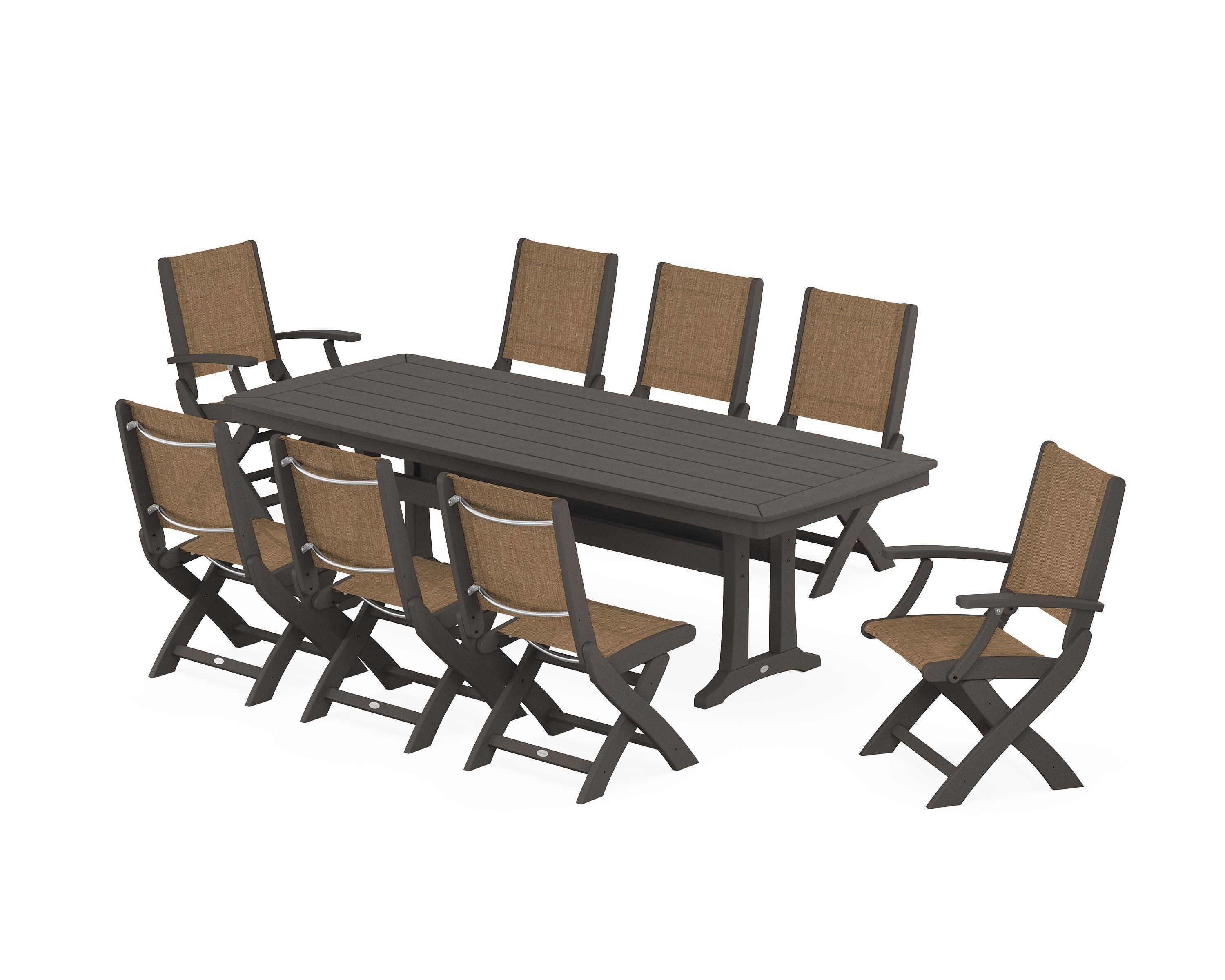 POLYWOOD Coastal Folding 9-Piece Dining Set with Trestle Legs in Vintage Coffee / Burlap Sling