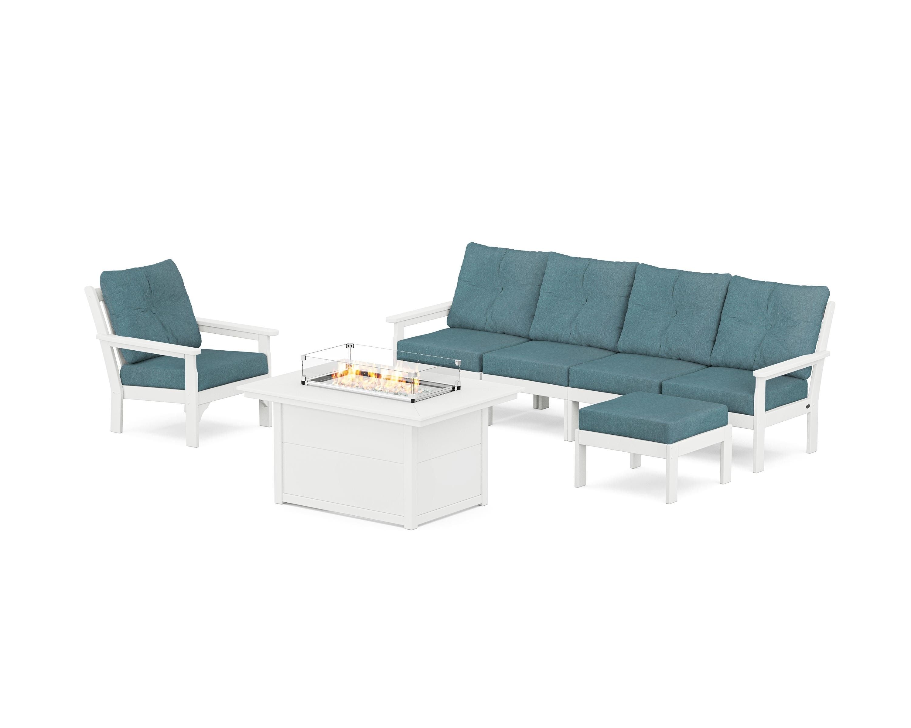 POLYWOOD Vineyard Sectional Lounge and Fire Pit Set in White / Ocean Teal
