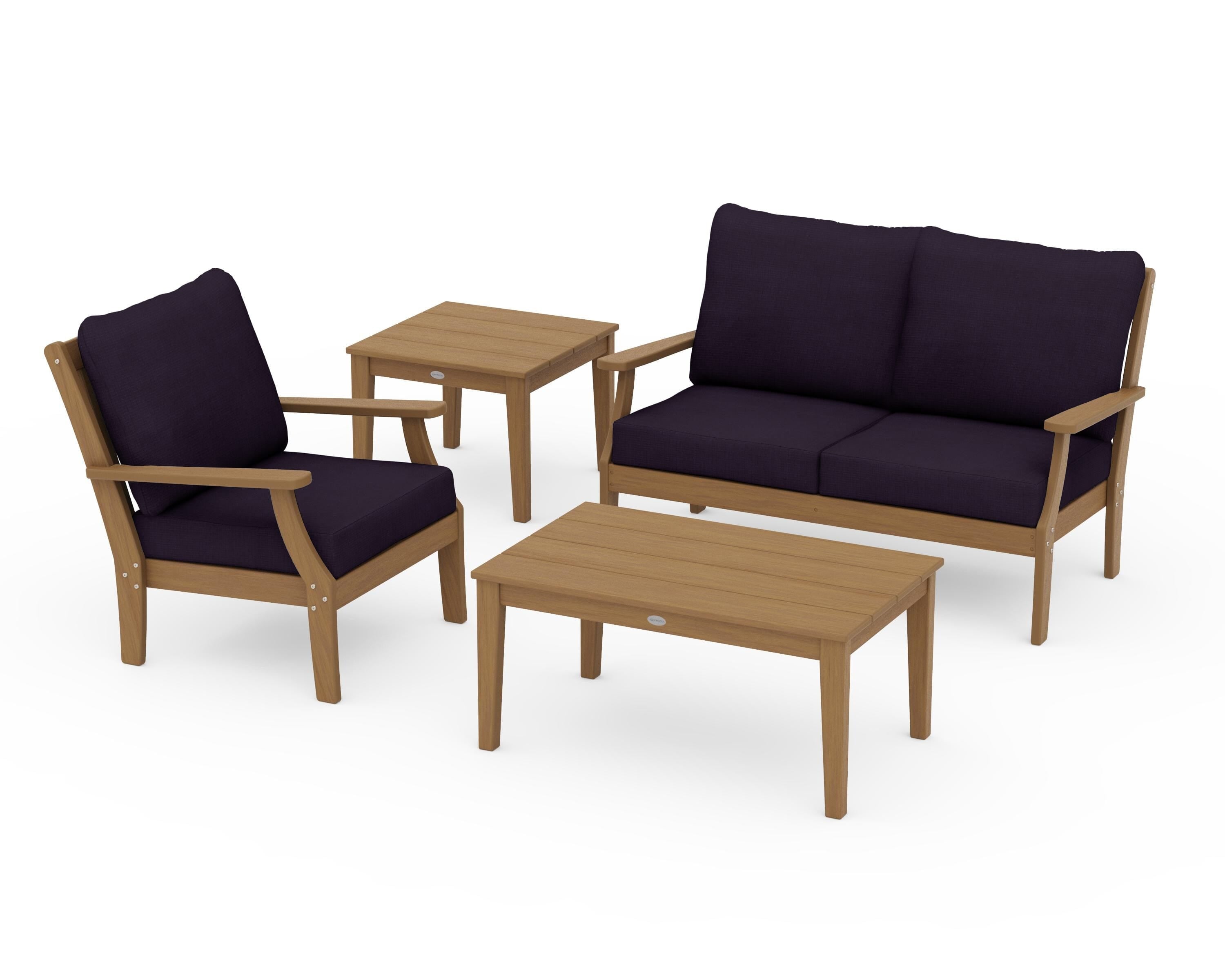 POLYWOOD Braxton 4-Piece Deep Seating Set in Natural / Navy Linen