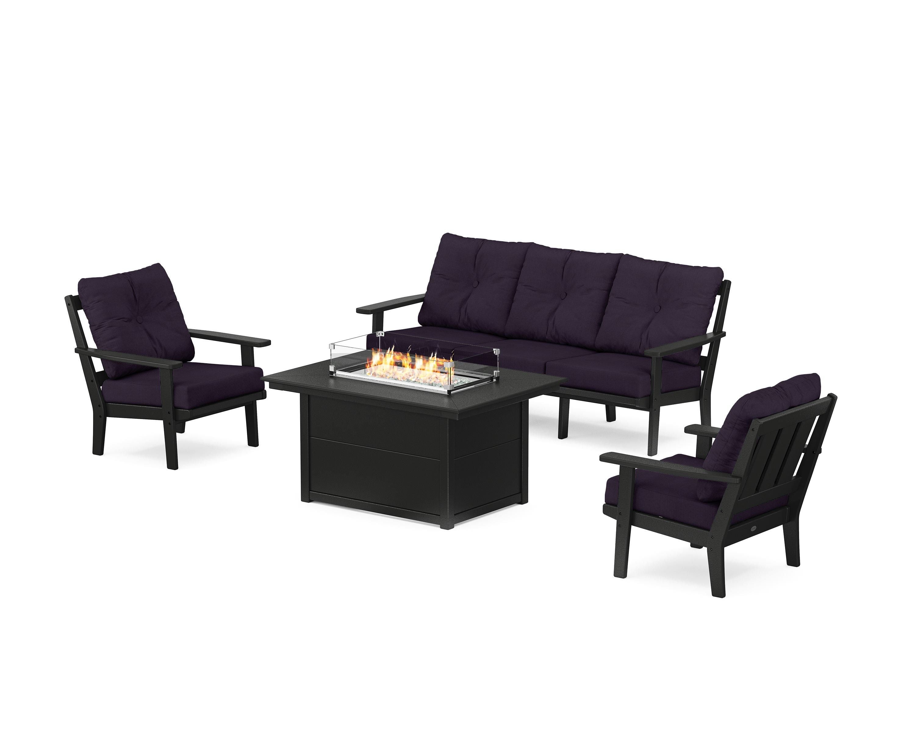 POLYWOOD Oxford Deep Seating Fire Pit Table Set in Black / Navy Linen