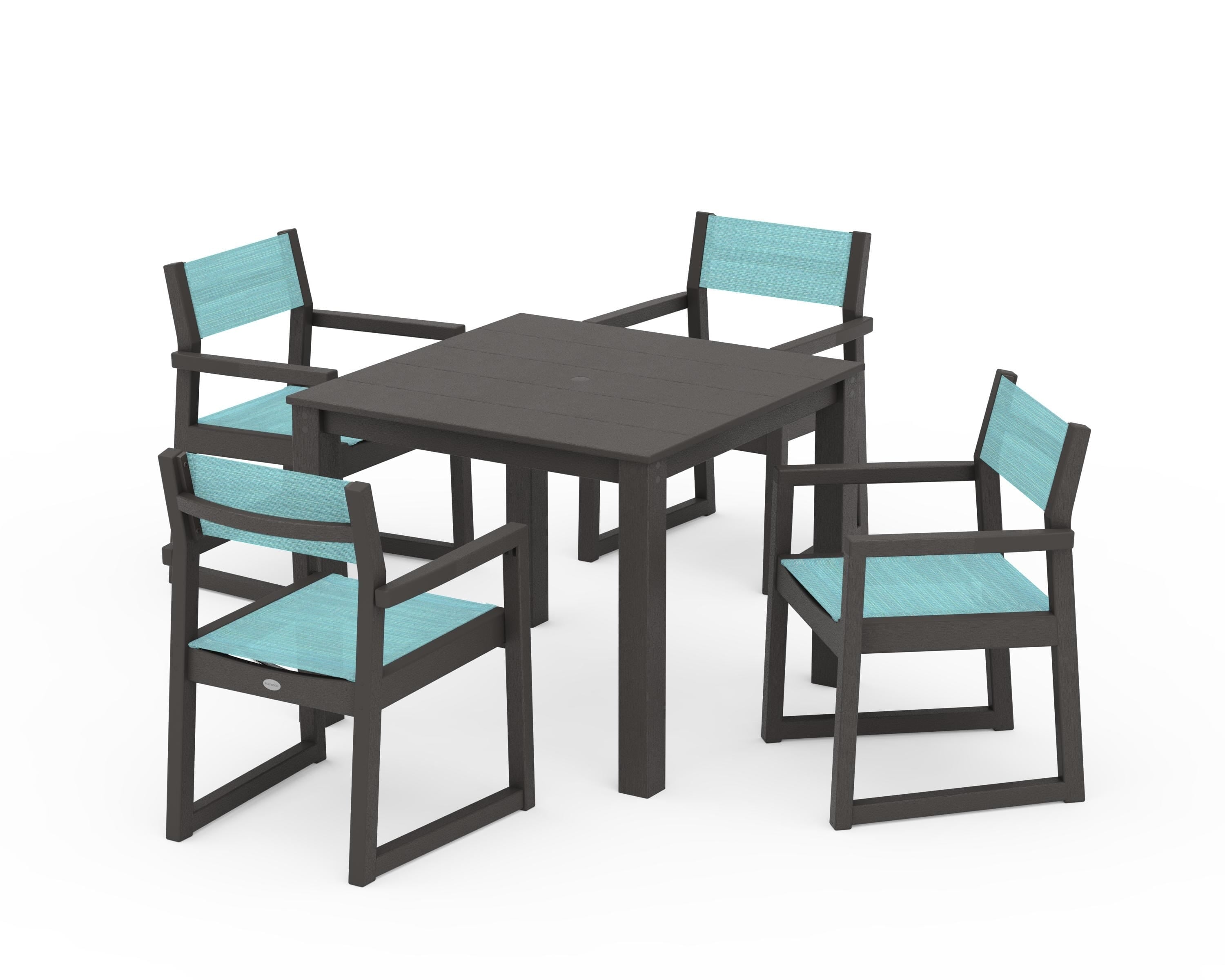 POLYWOOD EDGE Sling Arm Chair 5-Piece Parsons Dining Set in Vintage Coffee / Dupioni Aquamarine Sling