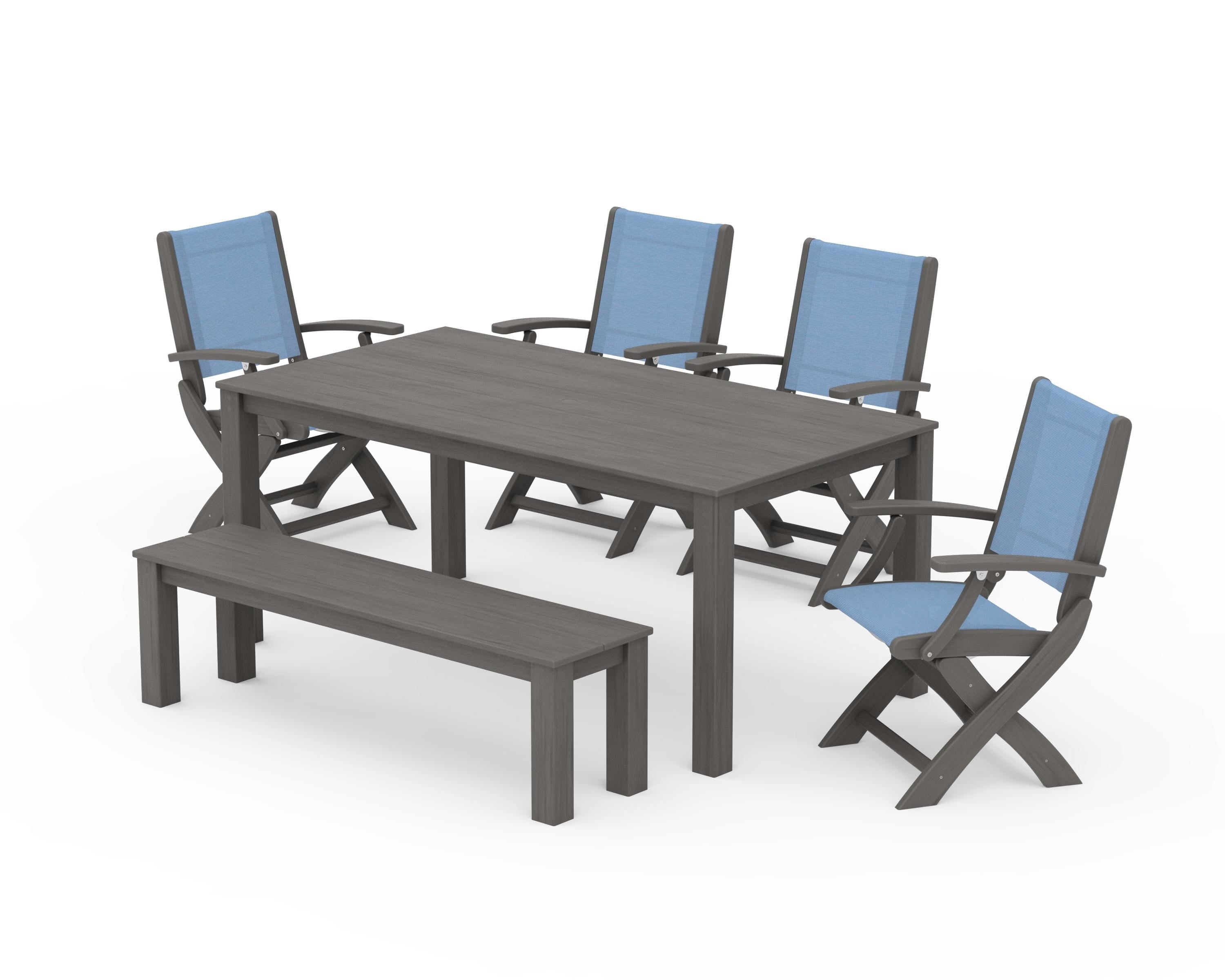 POLYWOOD Coastal Folding Chair 6-Piece Parsons Dining Set with Bench in Driftwood / Poolside Sling