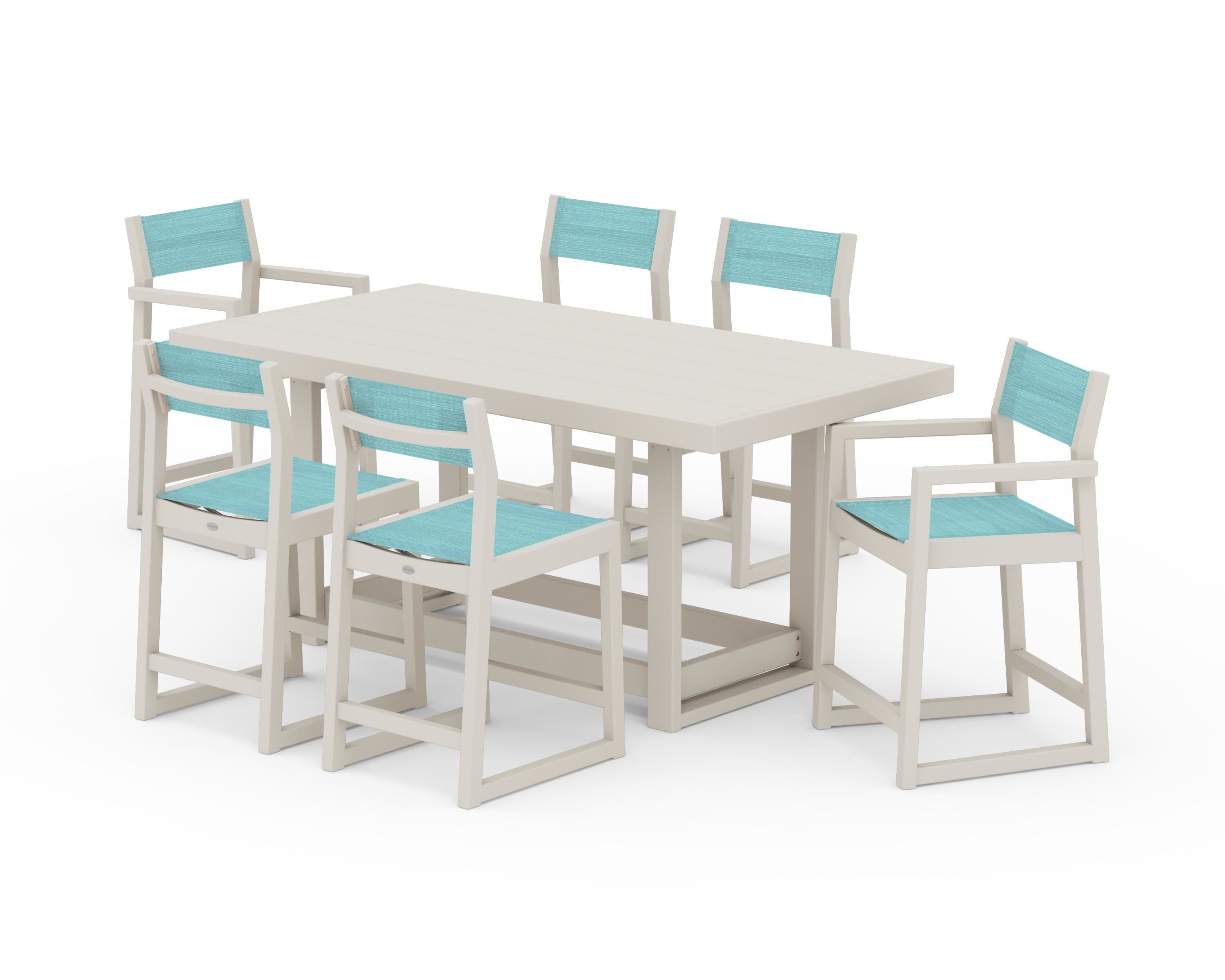 POLYWOOD EDGE Sling 7-Piece Counter Table Set in Sand / Dupioni Aquamarine Sling