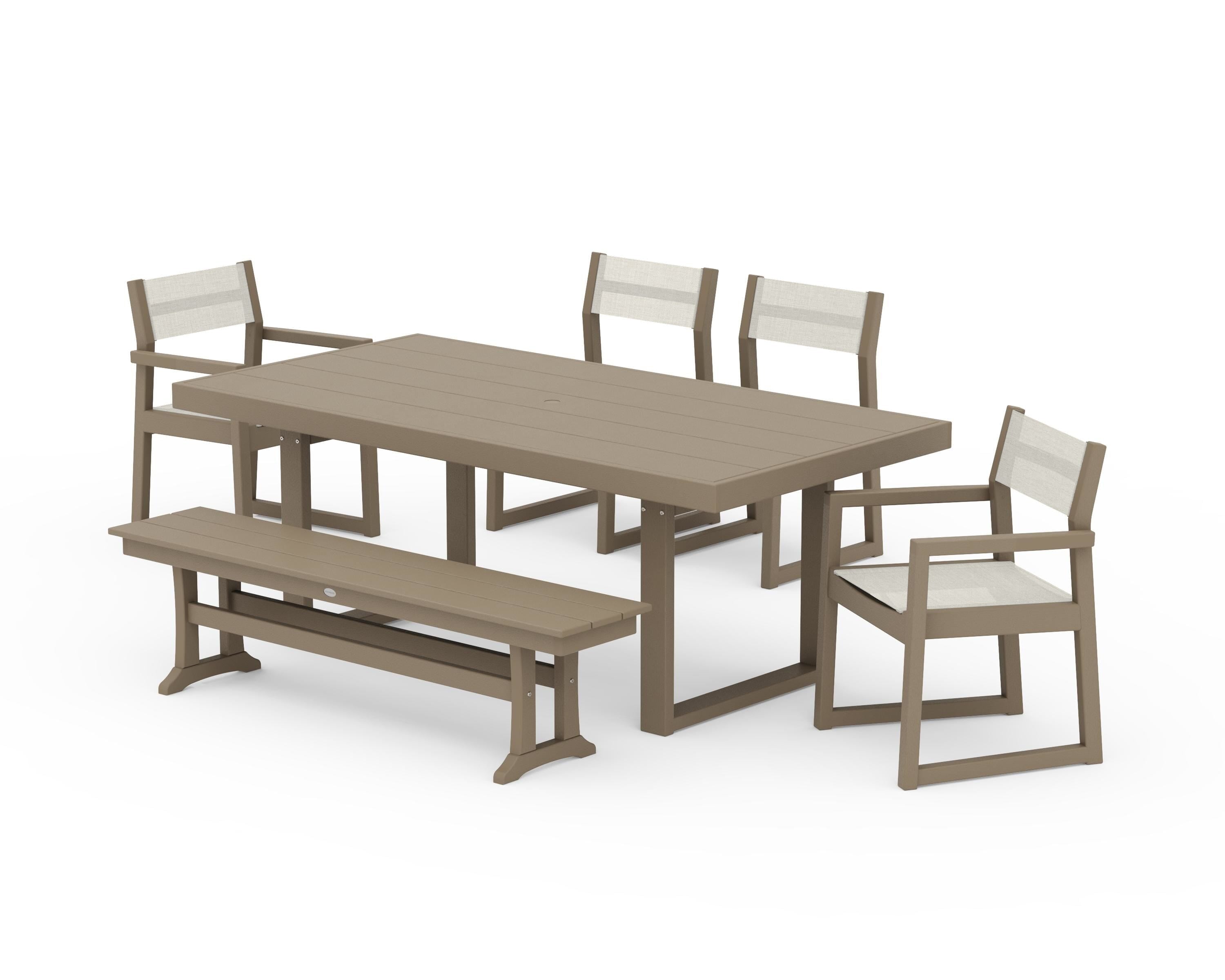 POLYWOOD EDGE Sling 6-Piece Dining Set with Bench in Vintage Sahara / Parchment Sling