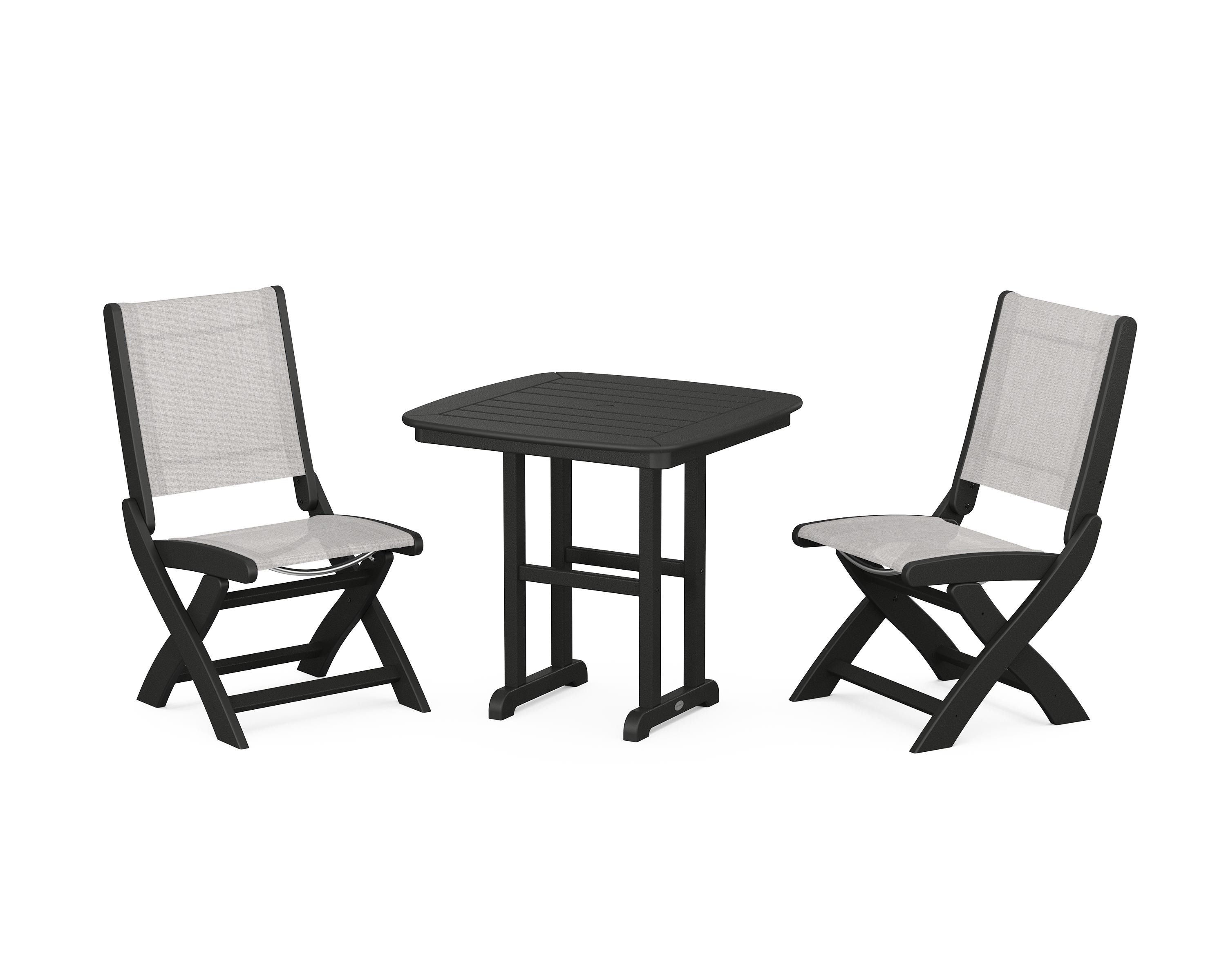 POLYWOOD Coastal Folding Side Chair 3-Piece Dining Set in Black / Parchment Sling