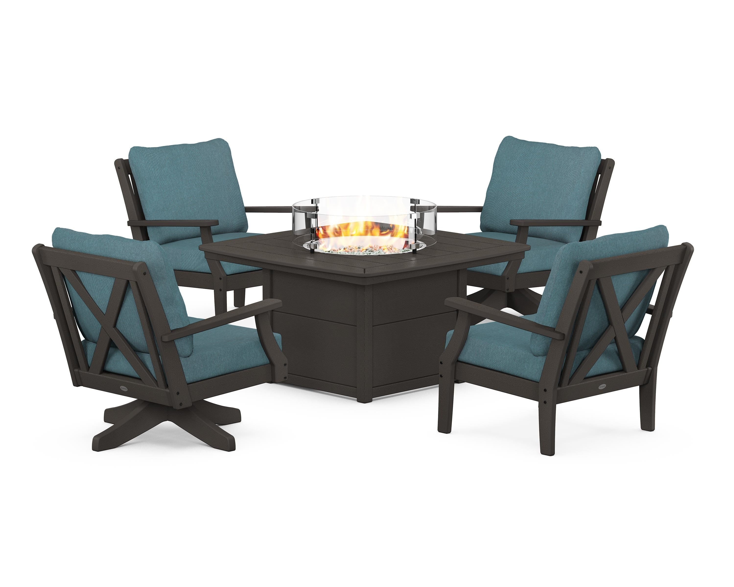 POLYWOOD Braxton 5-Piece Deep Seating Set with Fire Table in Vintage Coffee / Ocean Teal