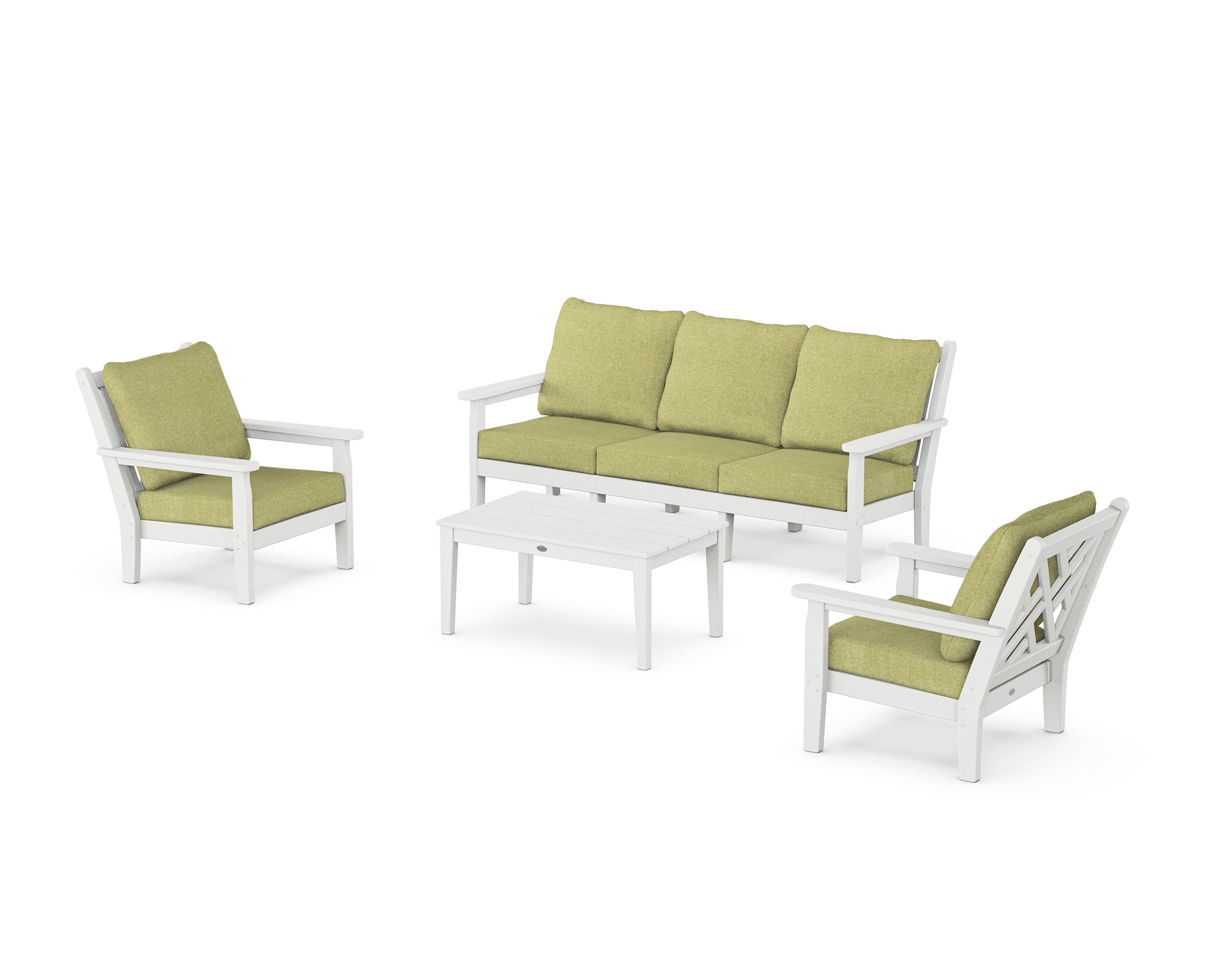 POLYWOOD Chippendale 4-Piece Deep Seating Set with Sofa in White / Chartreuse Boucle