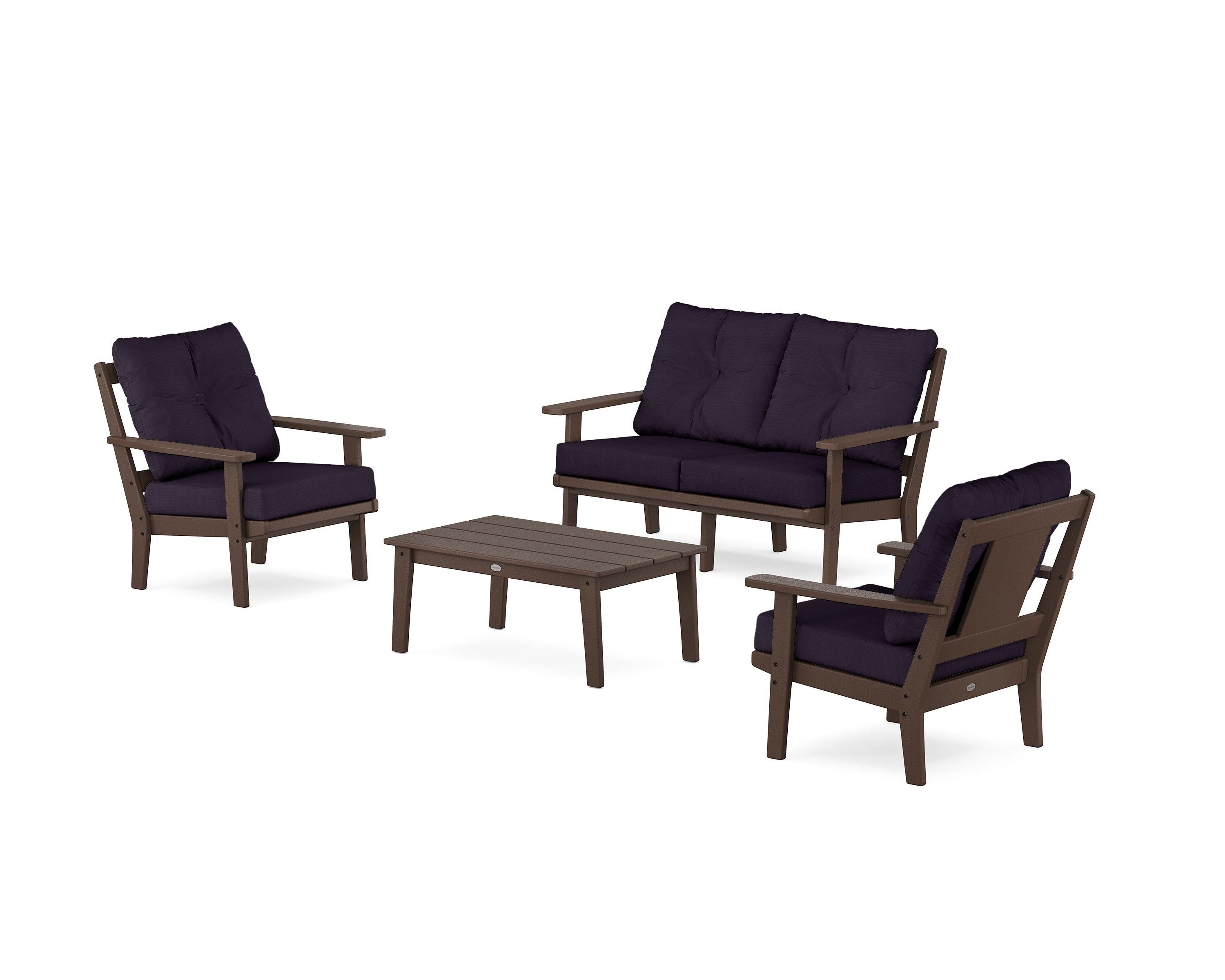 POLYWOOD Prairie 4-Piece Deep Seating Set with Loveseat in Mahogany / Navy Linen
