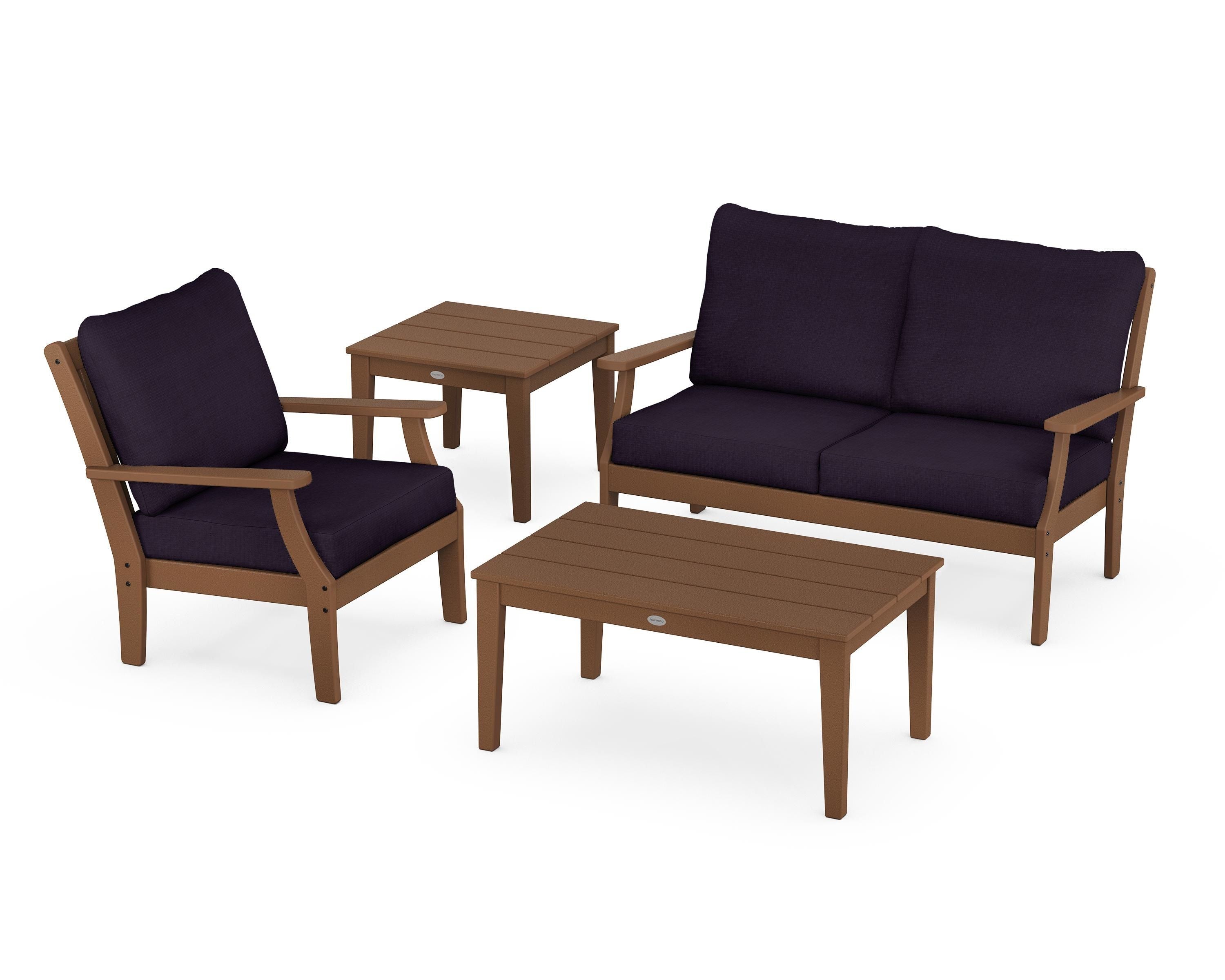 POLYWOOD Braxton 4-Piece Deep Seating Set in Teak / Navy Linen