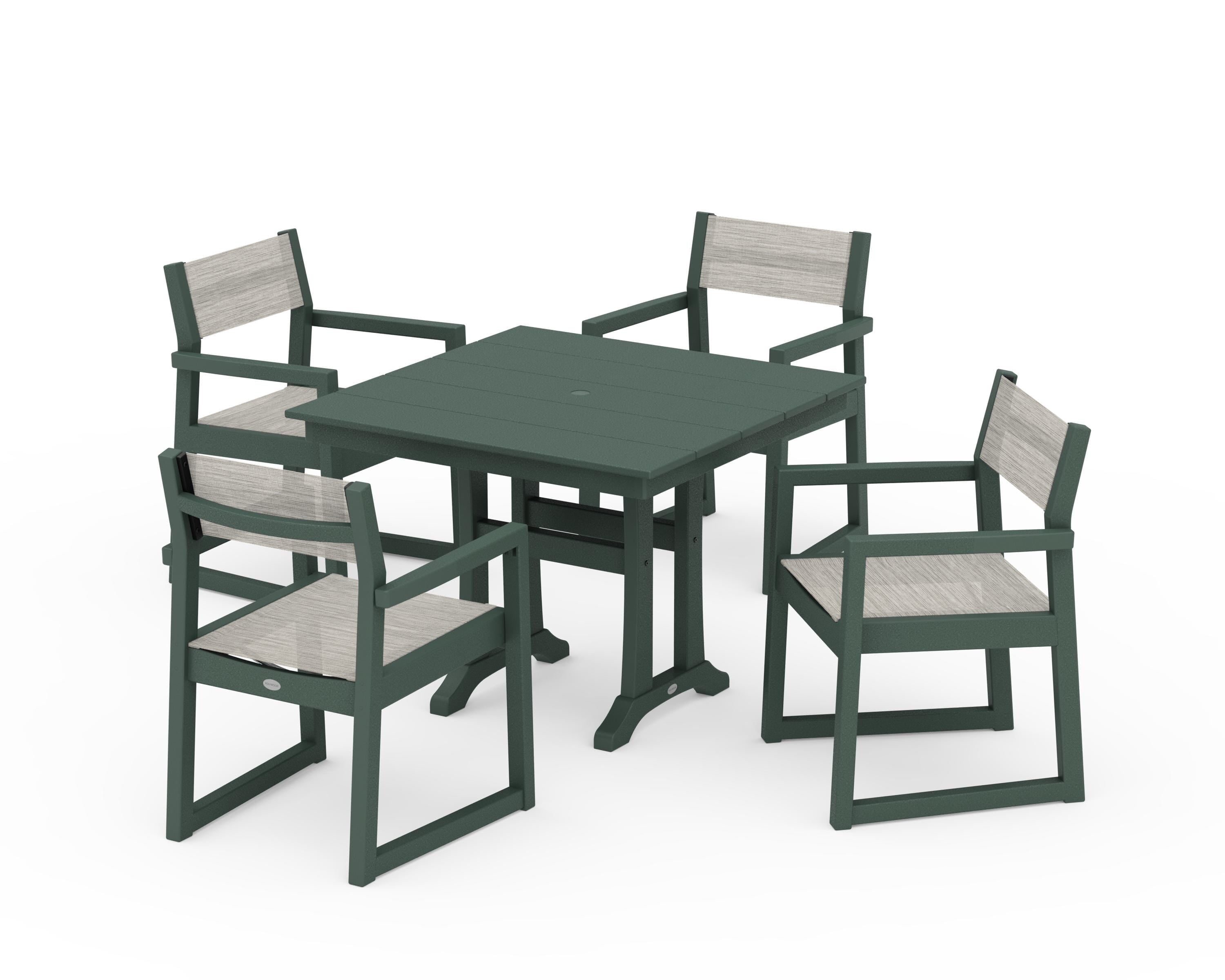 POLYWOOD EDGE Sling 5-Piece Farmhouse Dining Set with Trestle Legs in Green / Birch Sling