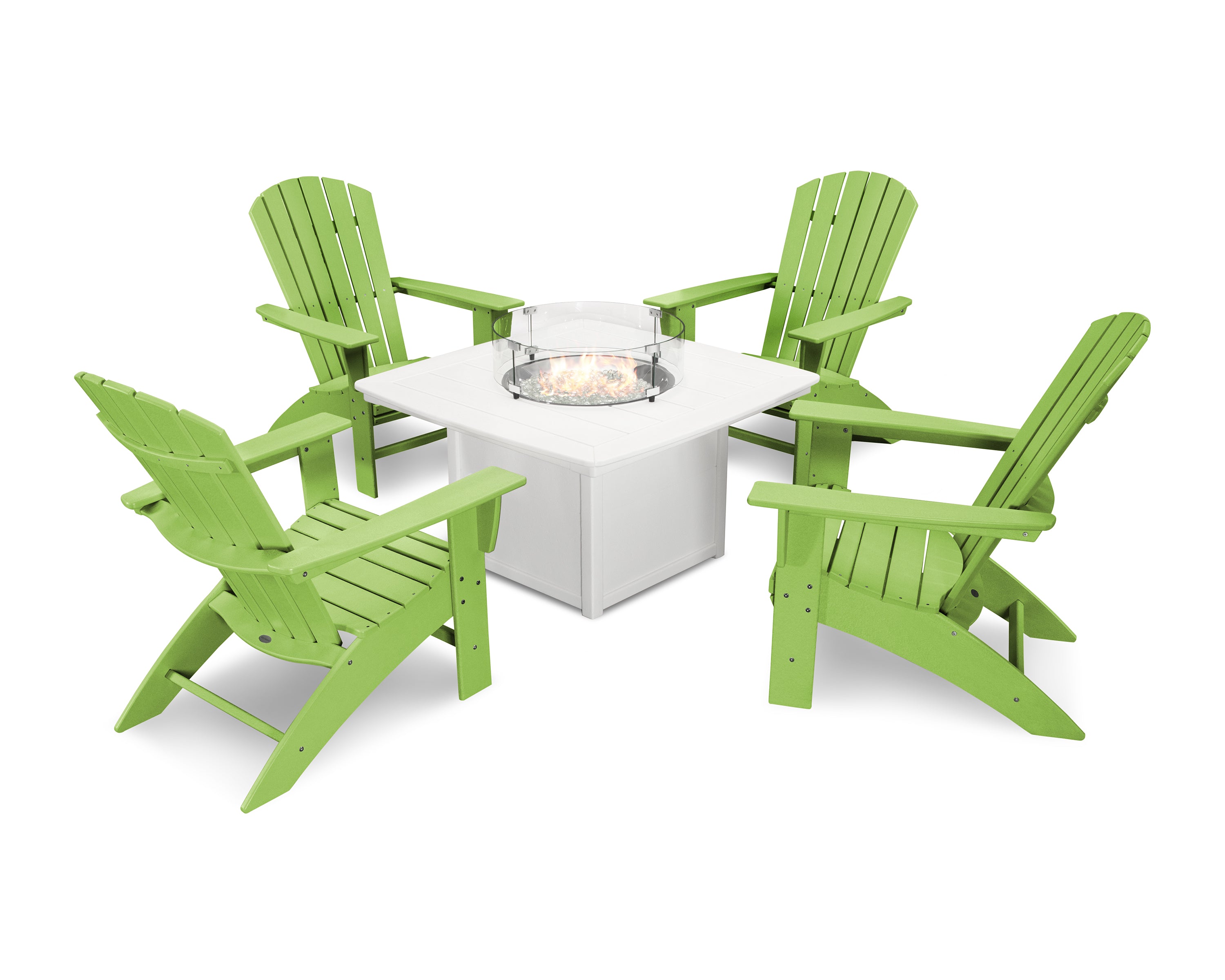 POLYWOOD® Nautical Curveback Adirondack 5-Piece Conversation Set with Fire Pit Table in Lime / White