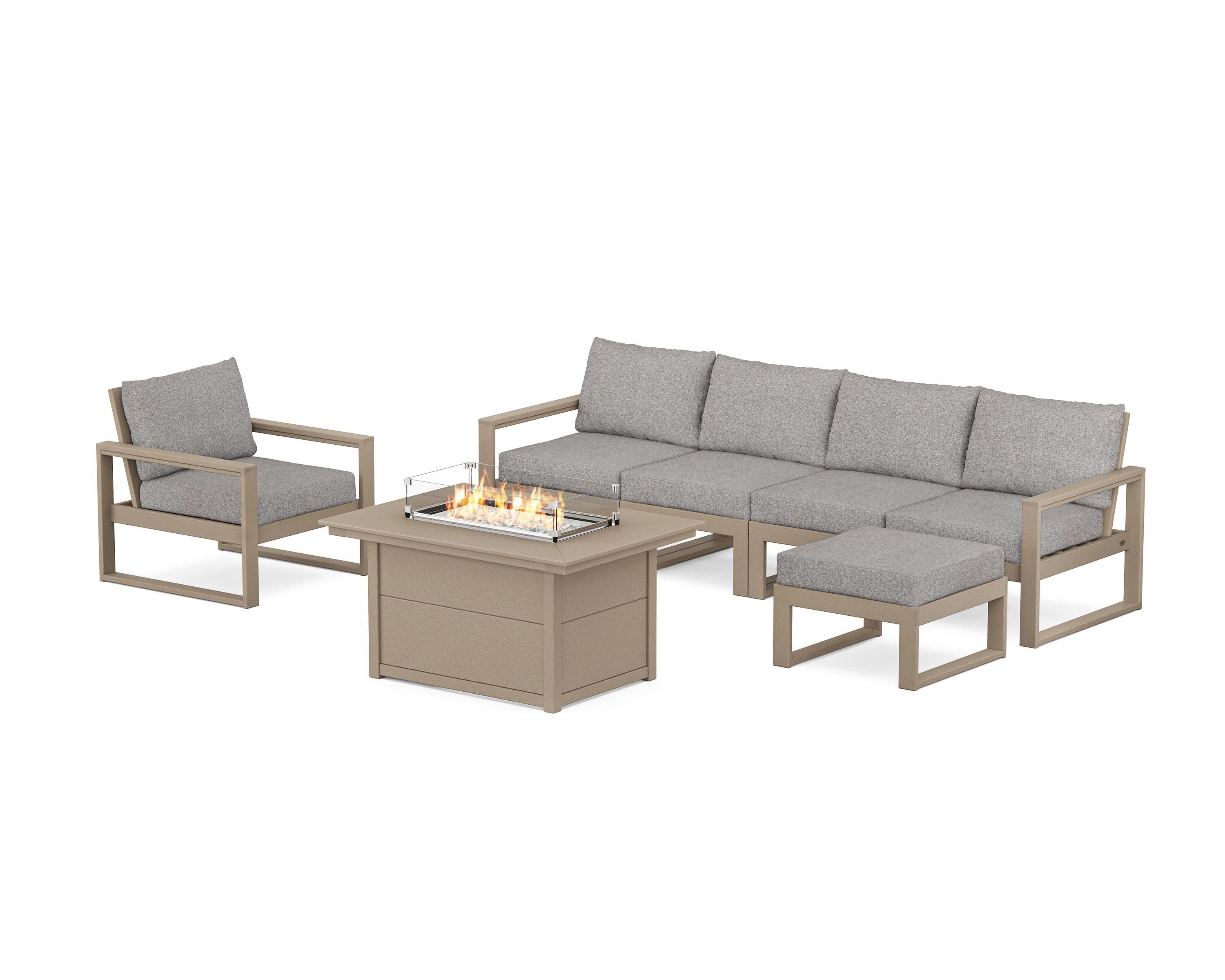 POLYWOOD EDGE Sectional Lounge and Fire Pit Set in Vintage Sahara / Grey Mist