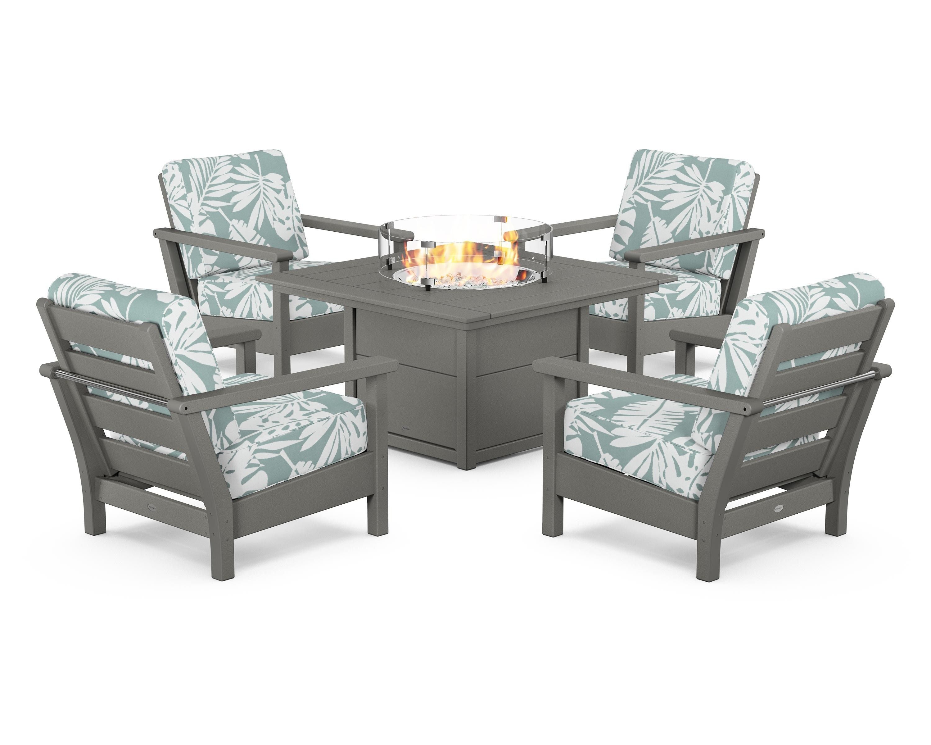 POLYWOOD Harbour 5-Piece Conversation Set with Fire Pit Table in Slate Grey / Leaf Glacier Spa