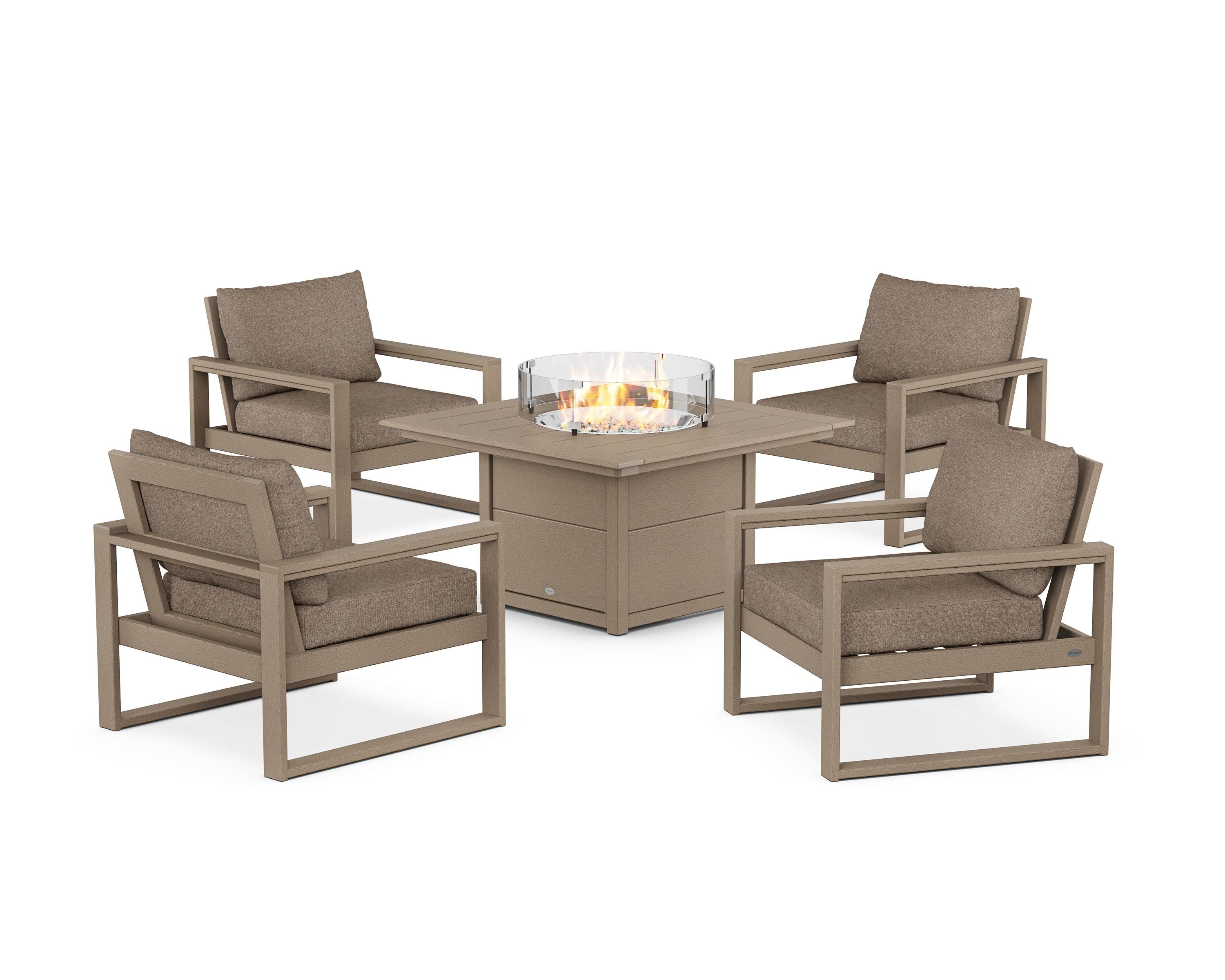 POLYWOOD EDGE Sectional 5-Piece Deep Seating Set with Fire Pit Table in Vintage Sahara / Spiced Burlap