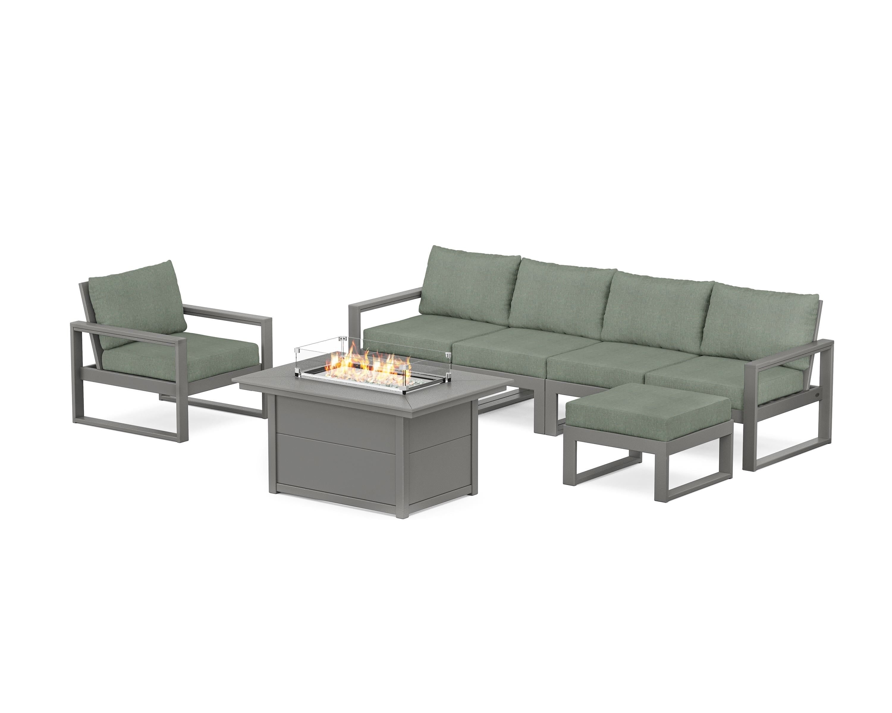 POLYWOOD EDGE Sectional Lounge and Fire Pit Set in Slate Grey / Cast Sage