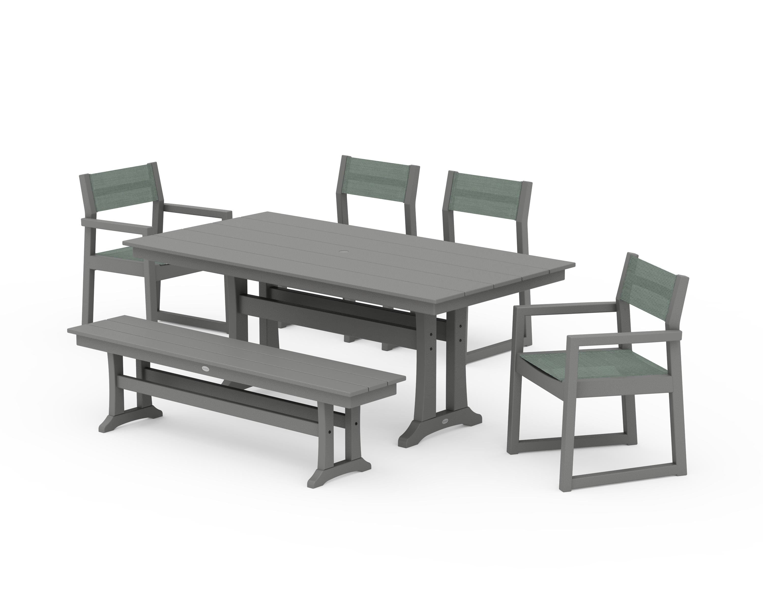 POLYWOOD EDGE Sling 6-Piece Farmhouse Dining Set With Trestle Legs in Slate Grey / Dupioni Sea Mist Sling