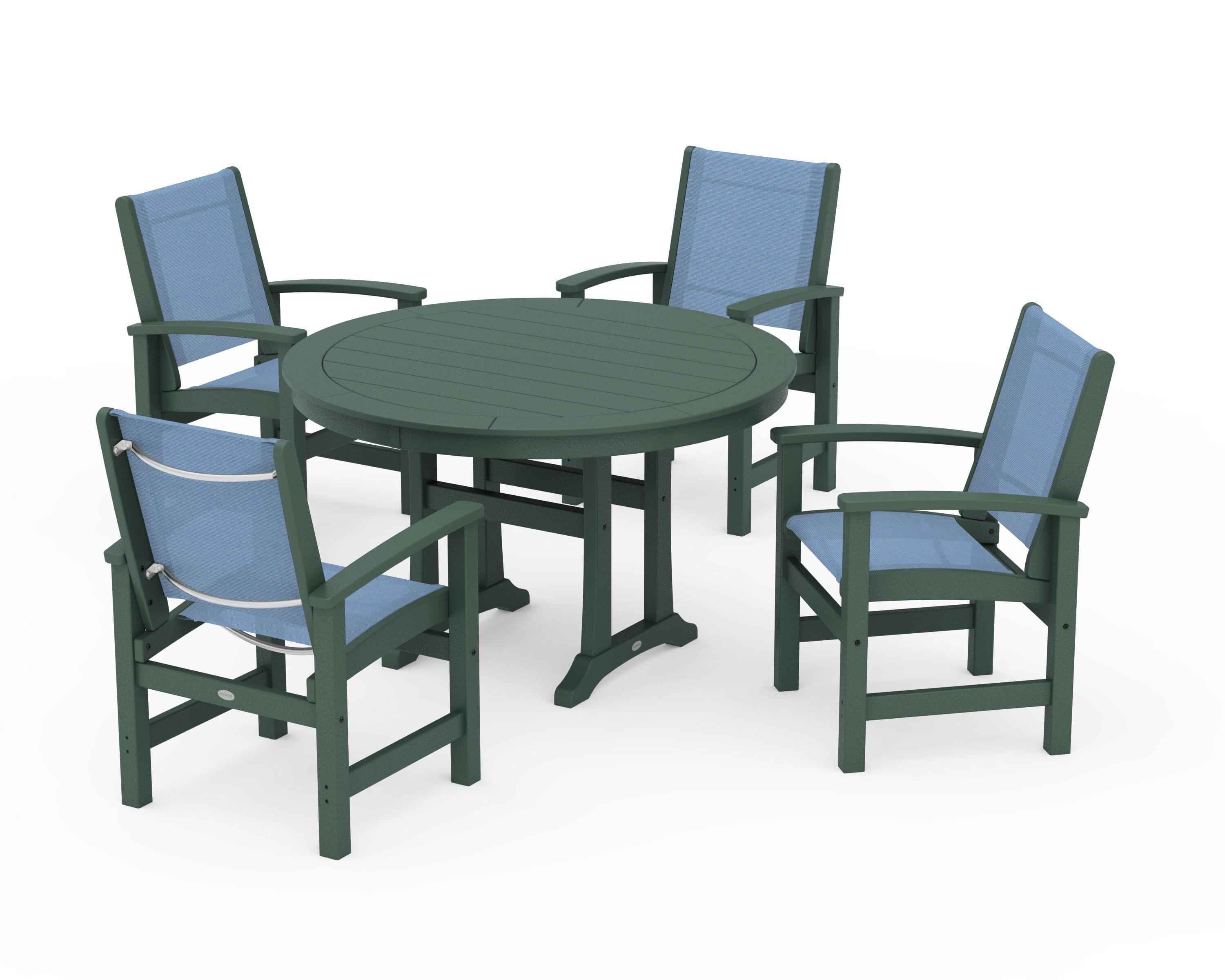 POLYWOOD Coastal 5-Piece Round Dining Set with Trestle Legs in Green / Poolside Sling