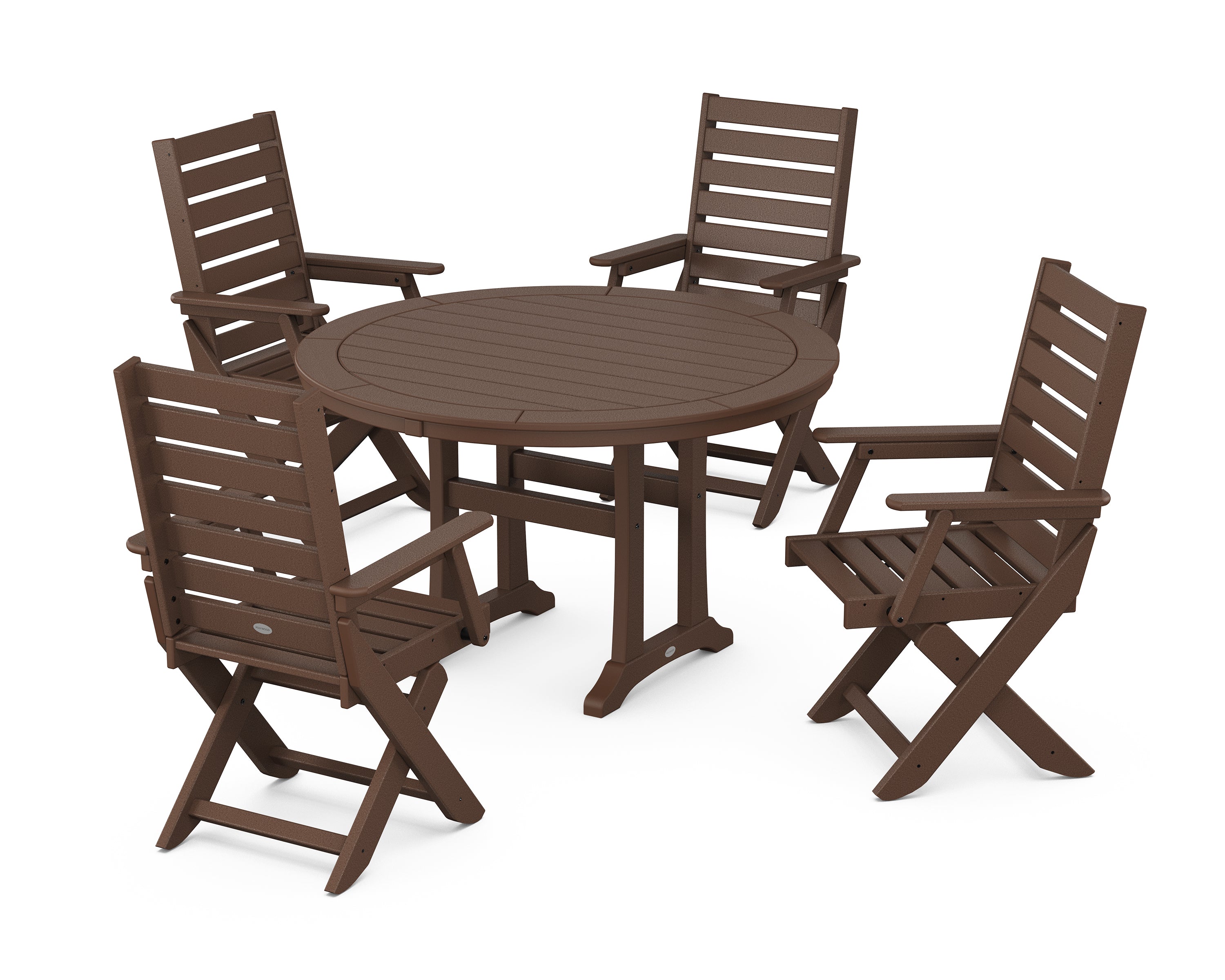 POLYWOOD® Captain Folding Chair 5-Piece Round Dining Set with Trestle Legs in Mahogany