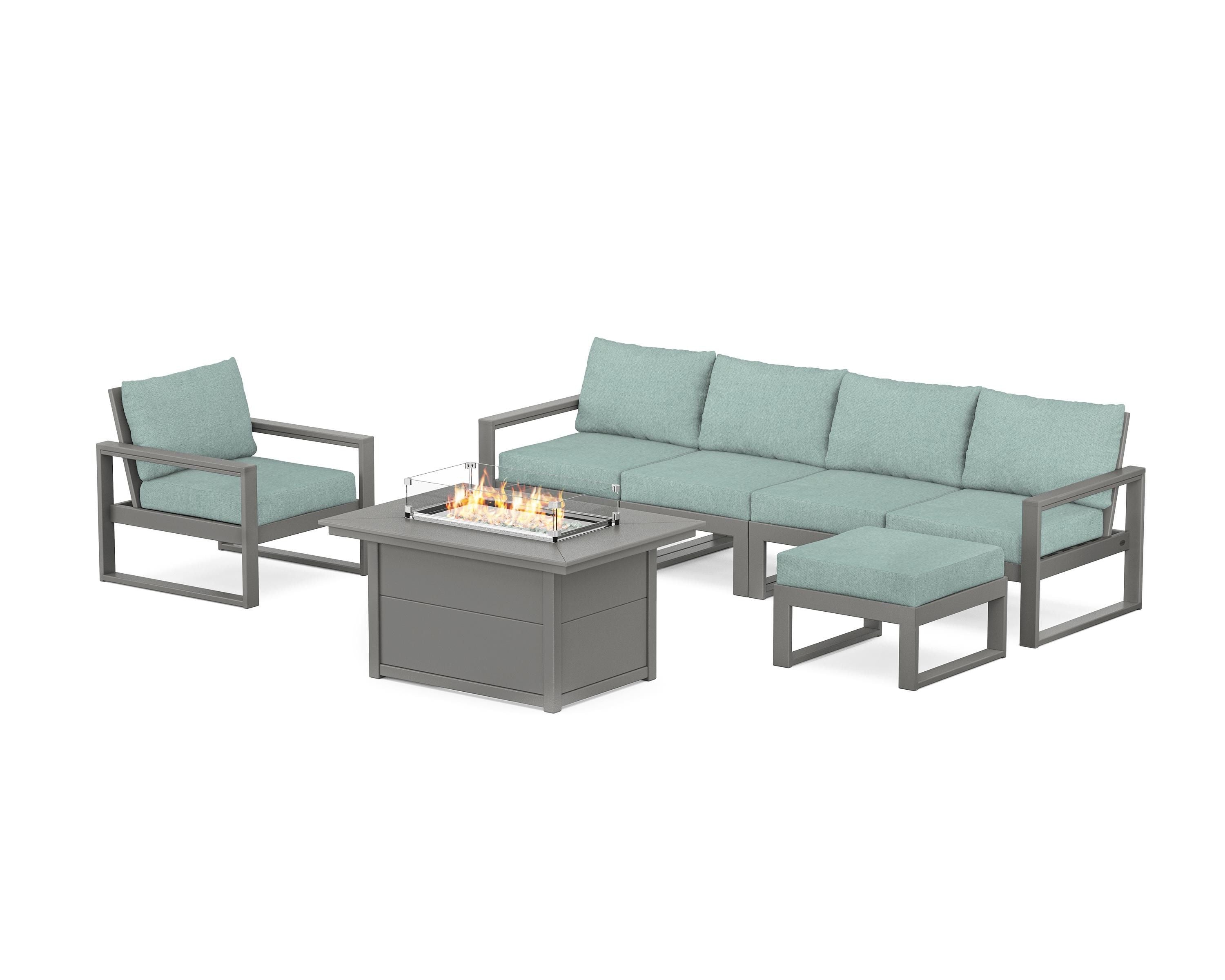 POLYWOOD EDGE Sectional Lounge and Fire Pit Set in Slate Grey / Glacier Spa
