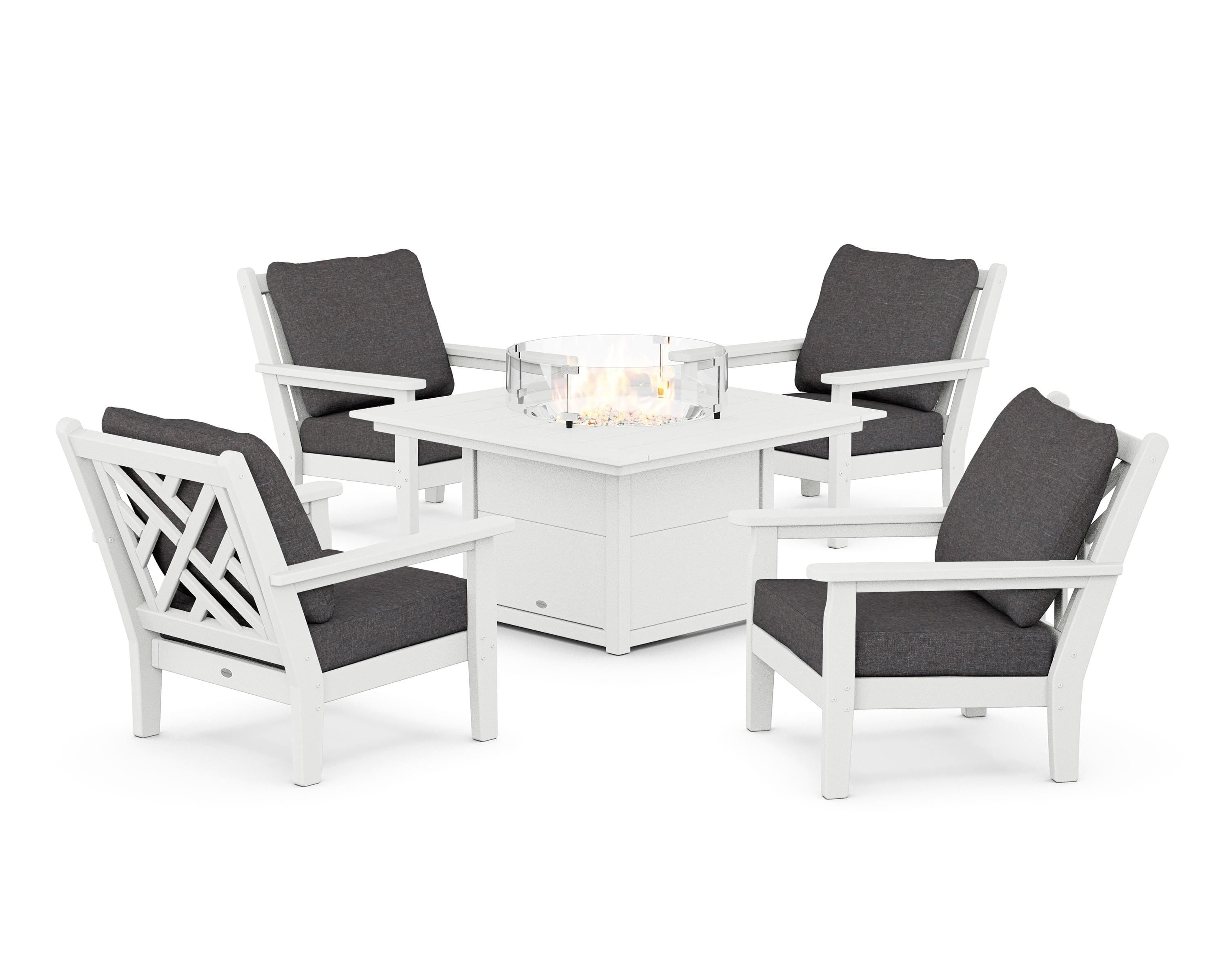 POLYWOOD Chippendale 5-Piece Deep Seating Set with Fire Pit Table in White / Ash Charcoal