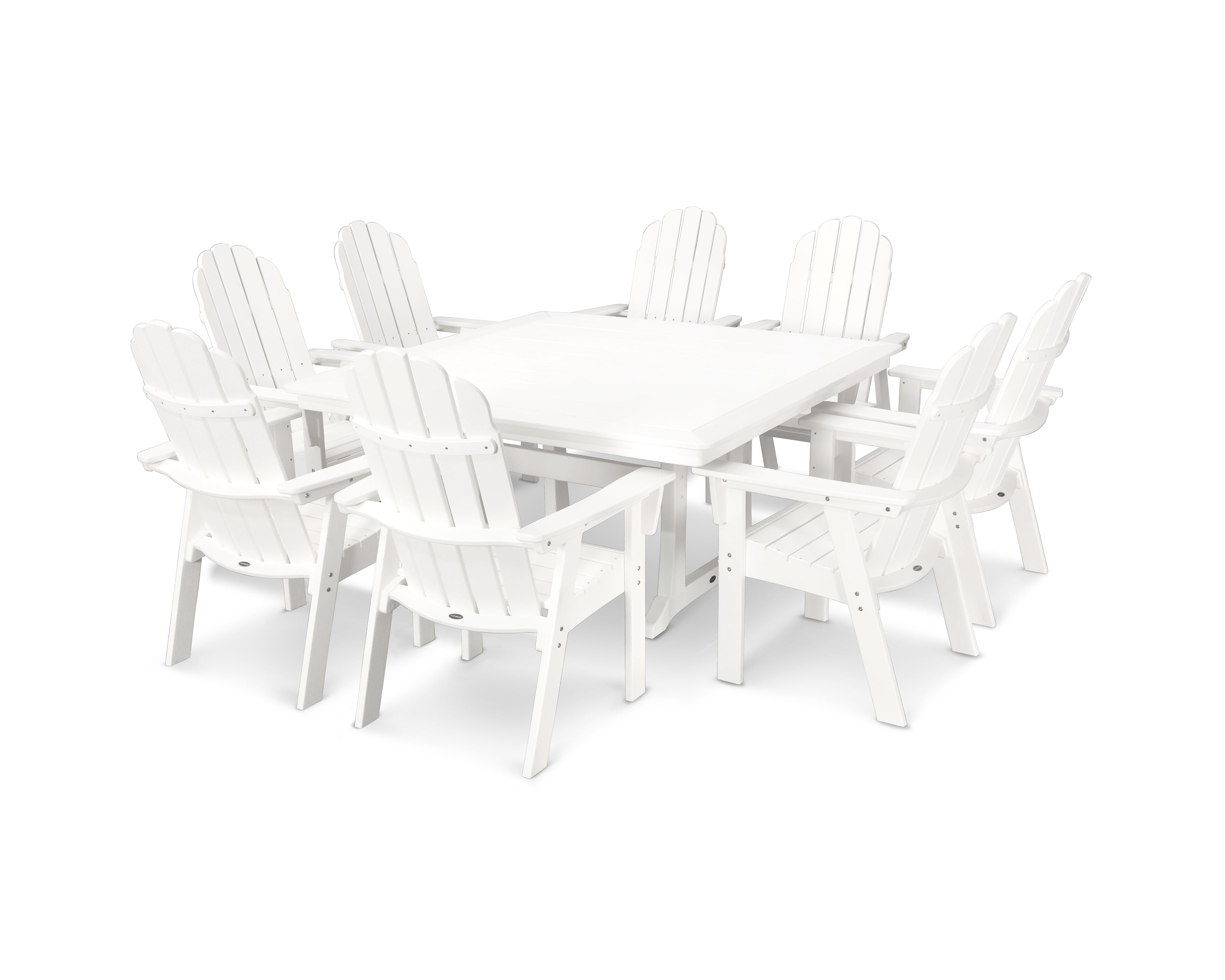 POLYWOOD® Vineyard Curveback Adirondack 9-Piece Nautical Trestle Dining Set in White