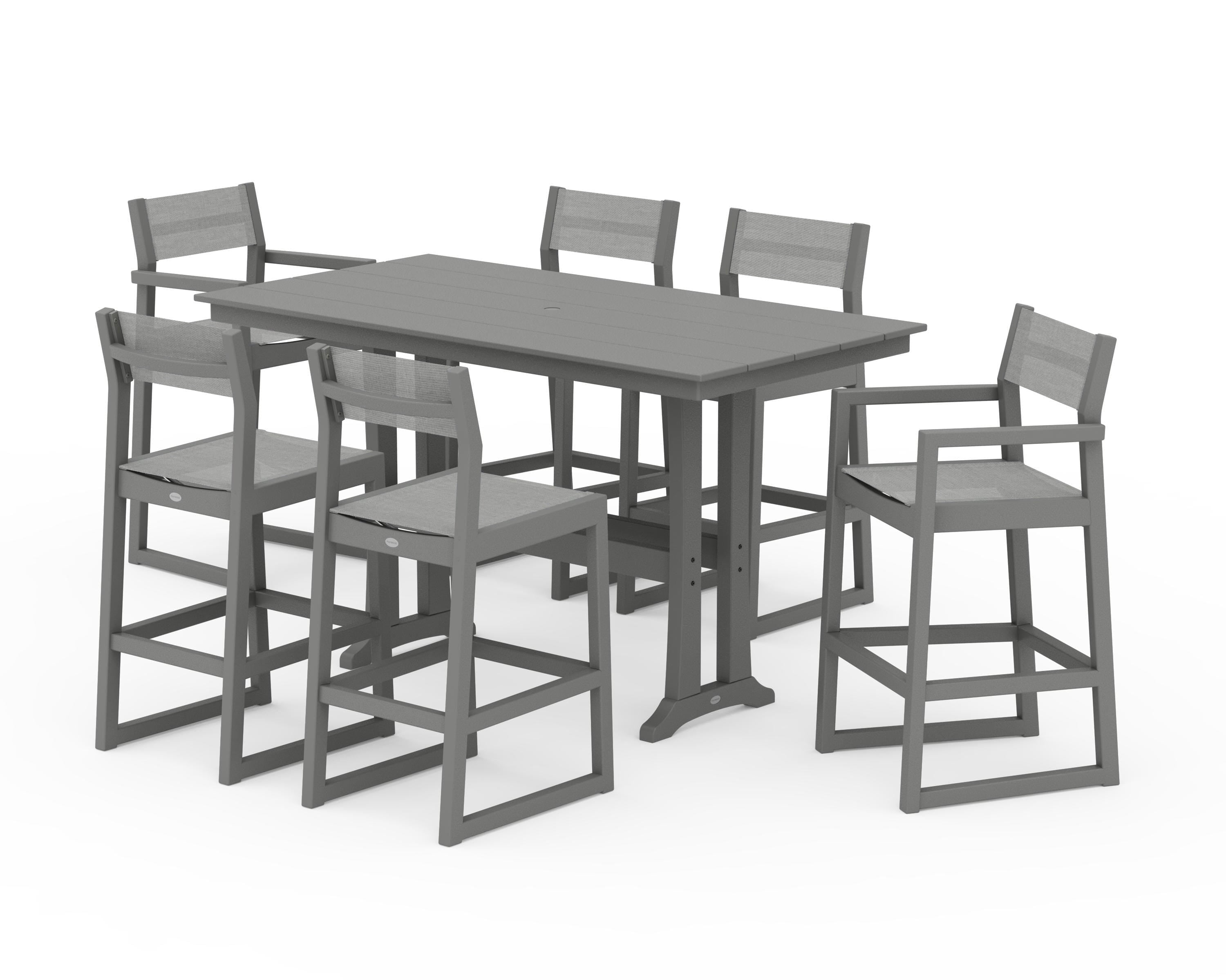 POLYWOOD EDGE Sling 7-Piece Farmhouse Bar Set with Trestle Legs in Slate Grey / Metallic Sling