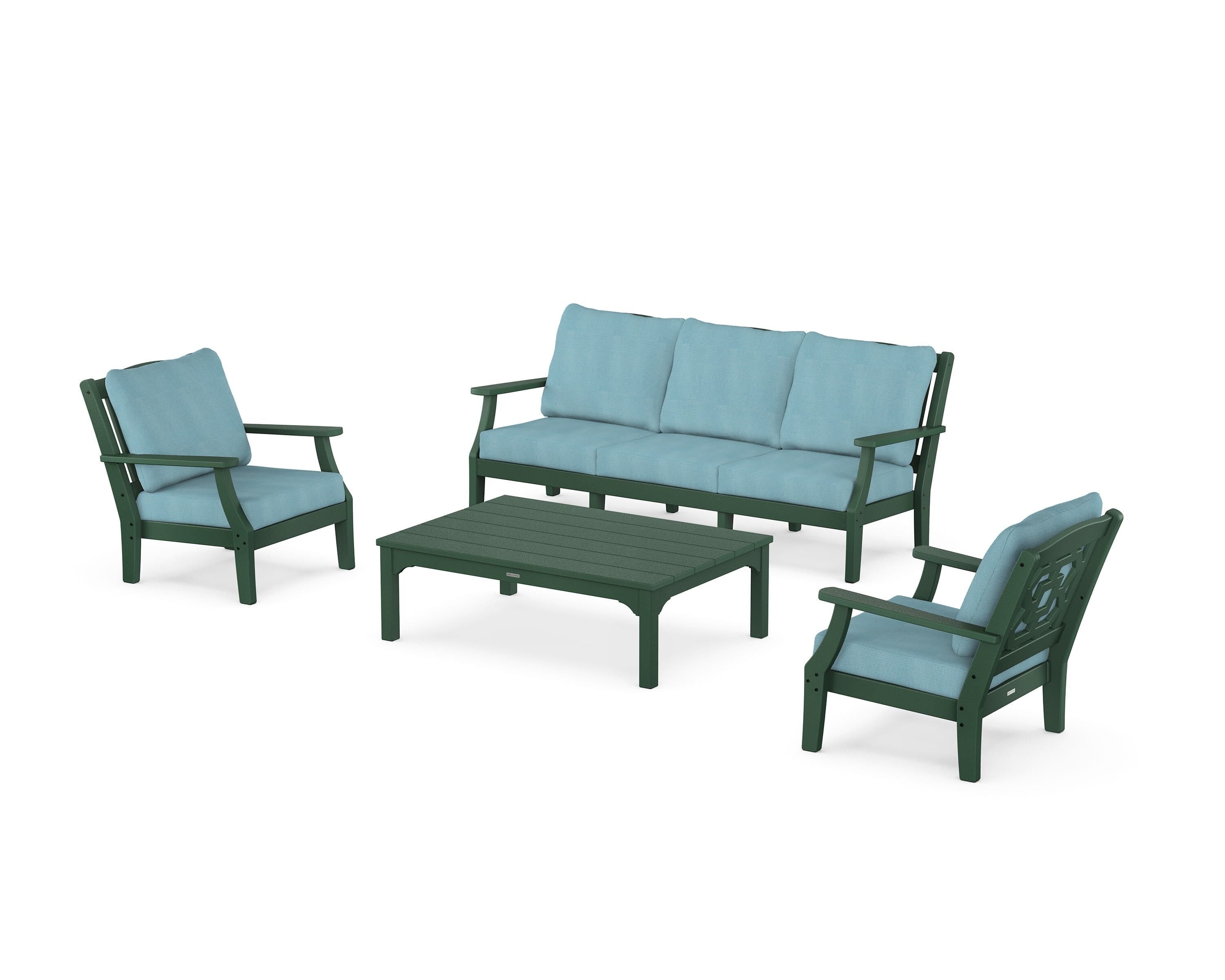 Martha Stewart by POLYWOOD Chinoiserie 4-Piece Deep Seating Set with Sofa in Green / Lattice Sky Blue