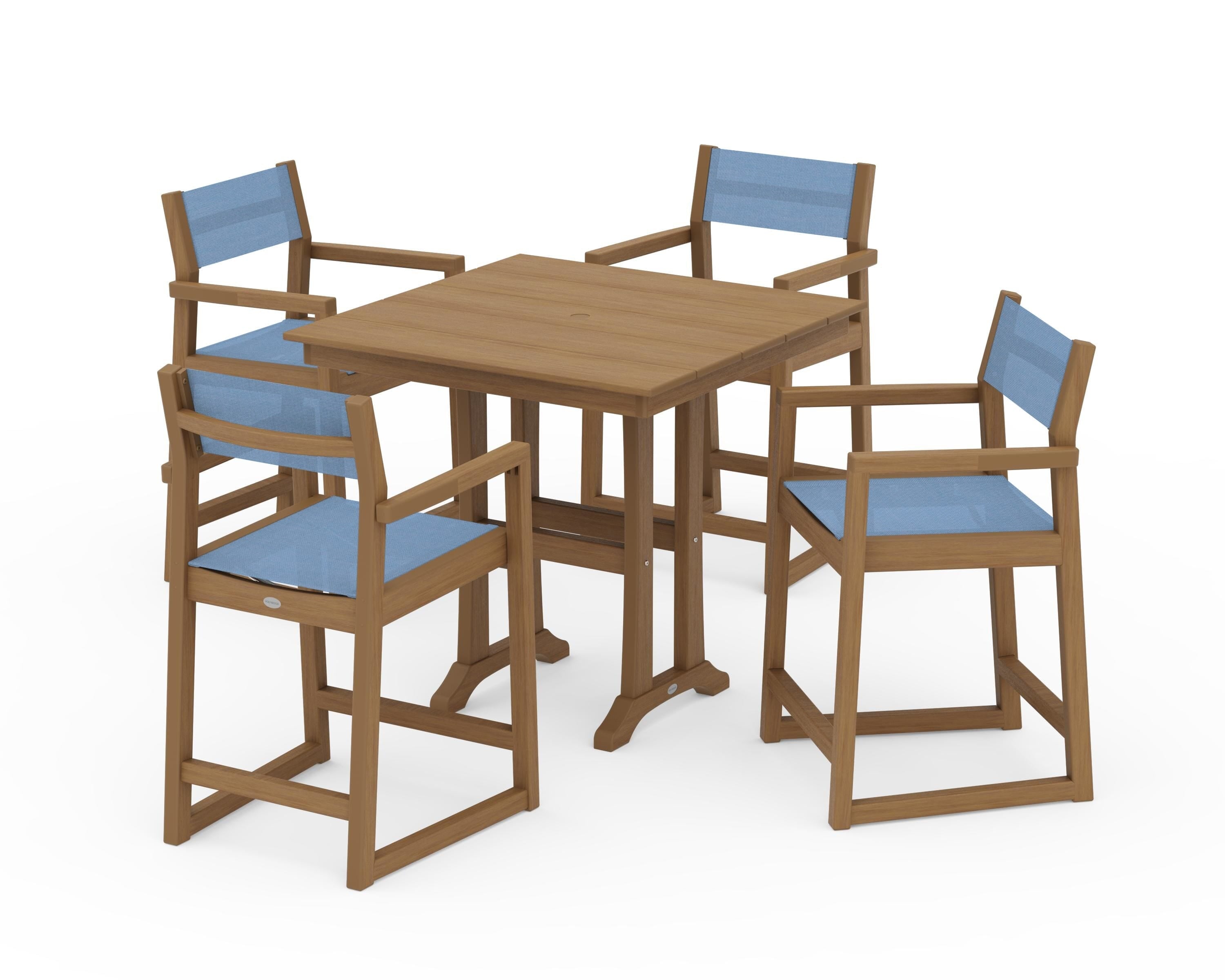 POLYWOOD EDGE Sling Arm Chair 5-Piece Farmhouse Counter Set with Trestle Legs in Natural / Poolside Sling