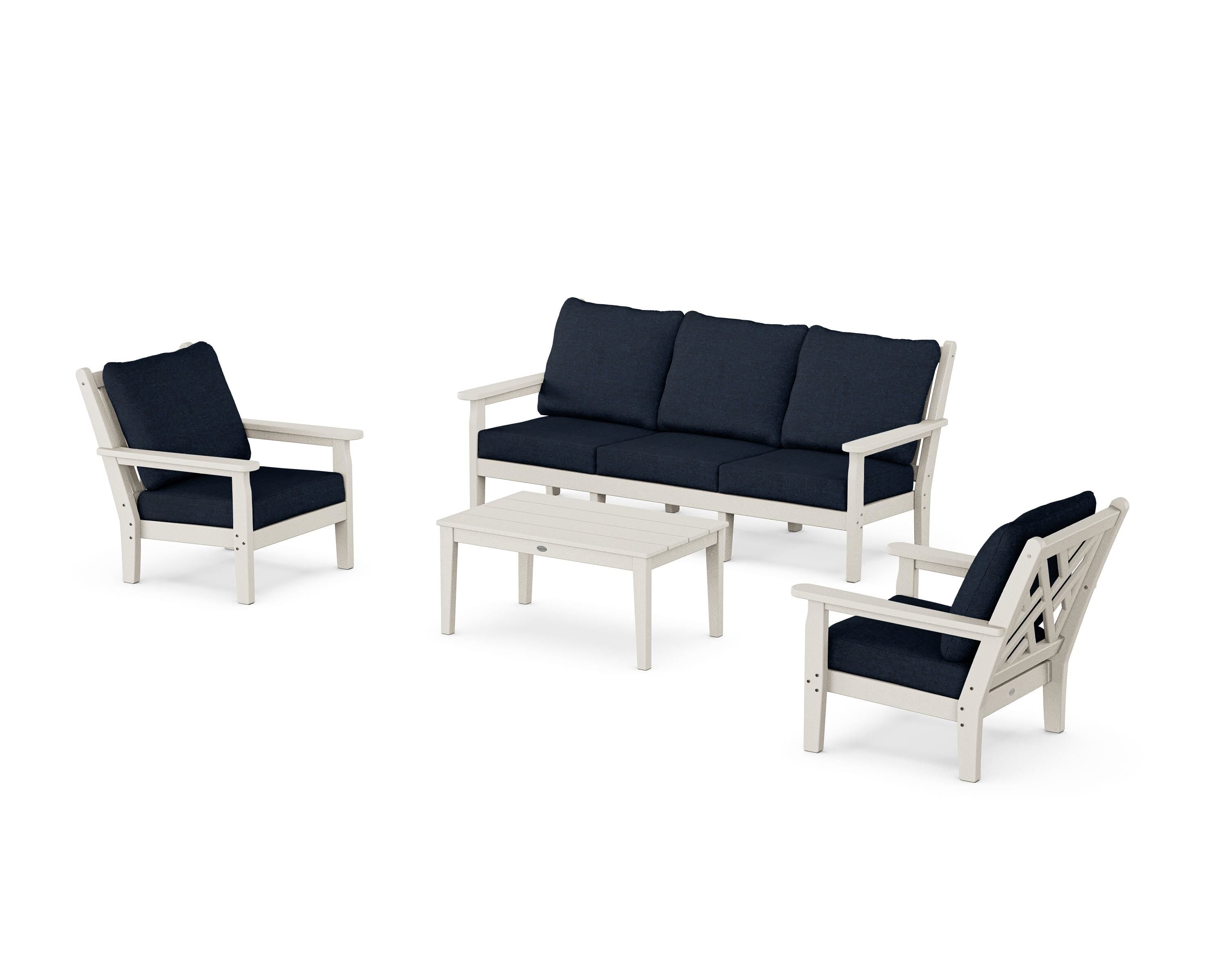 POLYWOOD Chippendale 4-Piece Deep Seating Set with Sofa in Sand / Marine Indigo