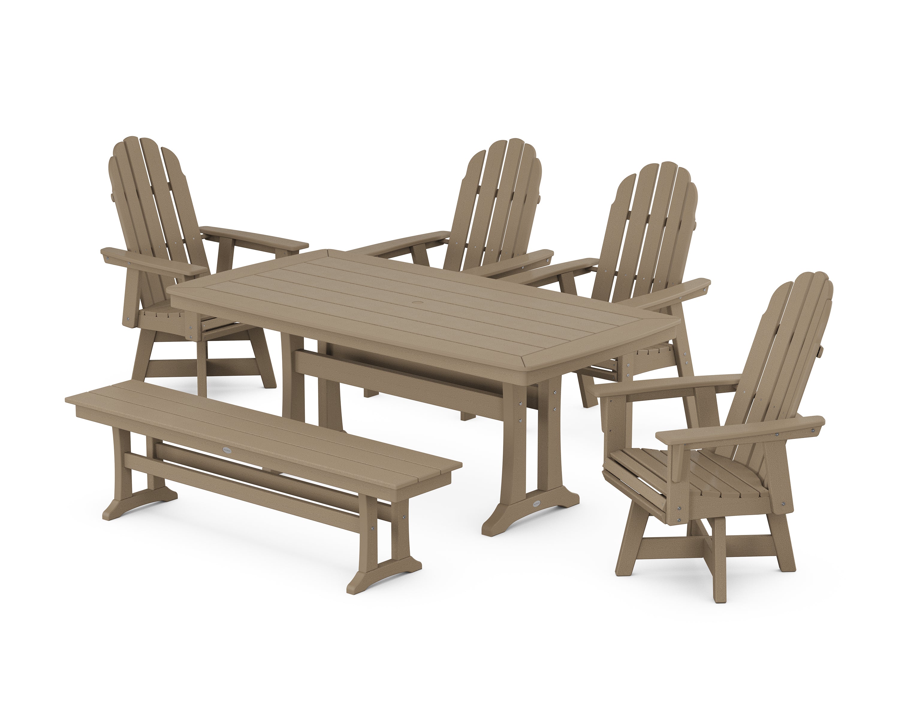 POLYWOOD® Vineyard Curveback Adirondack Swivel Chair 6-Piece Dining Set with Trestle Legs and Bench in Vintage Sahara