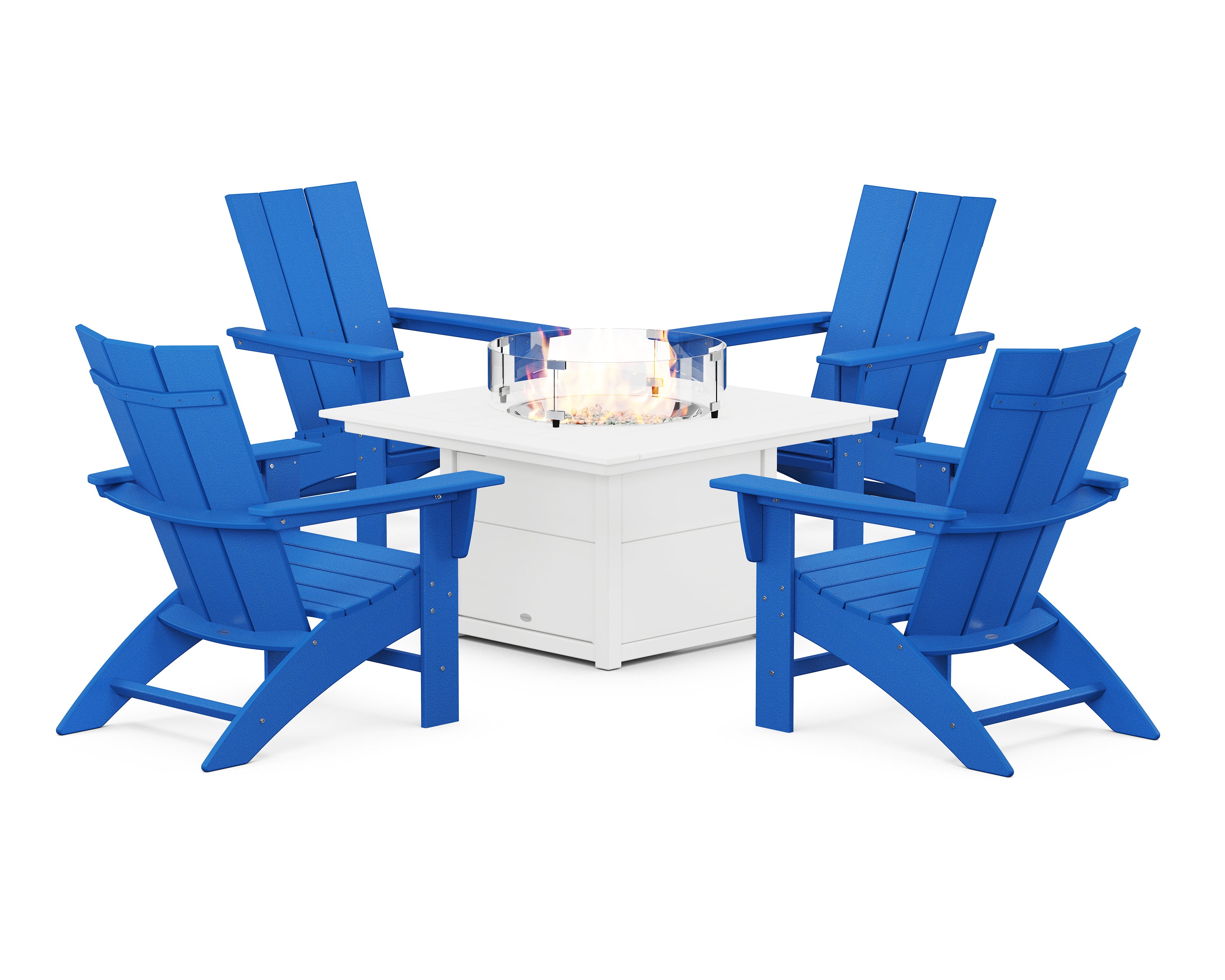 POLYWOOD® Modern Curveback Adirondack 5-Piece Conversation Set with Fire Pit Table in Pacific Blue / White