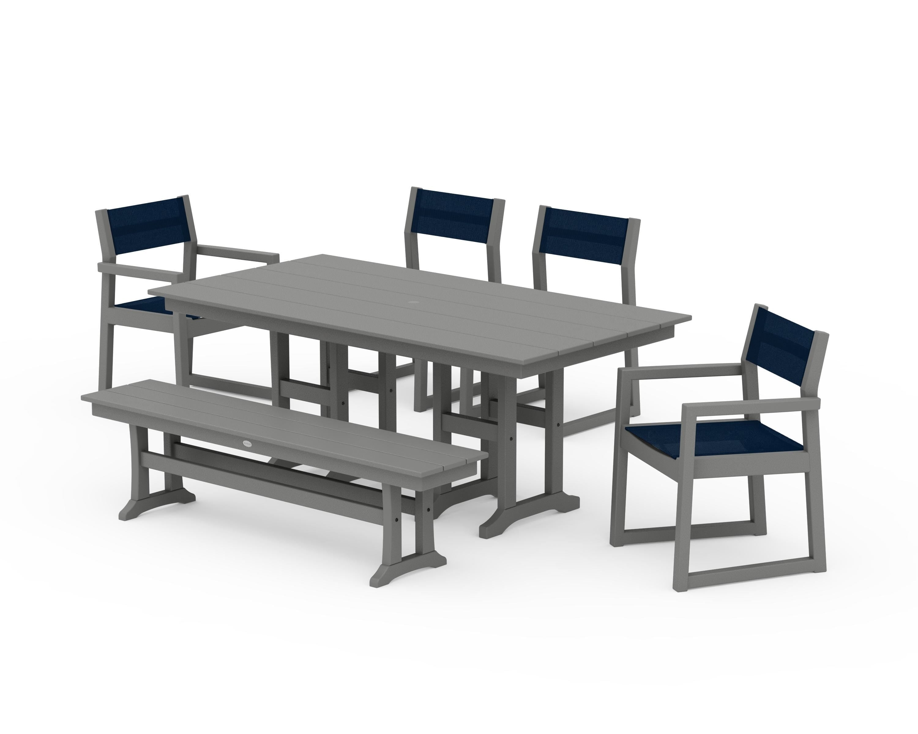 POLYWOOD EDGE Sling 6-Piece Farmhouse Dining Set in Slate Grey / Navy Blue Sling