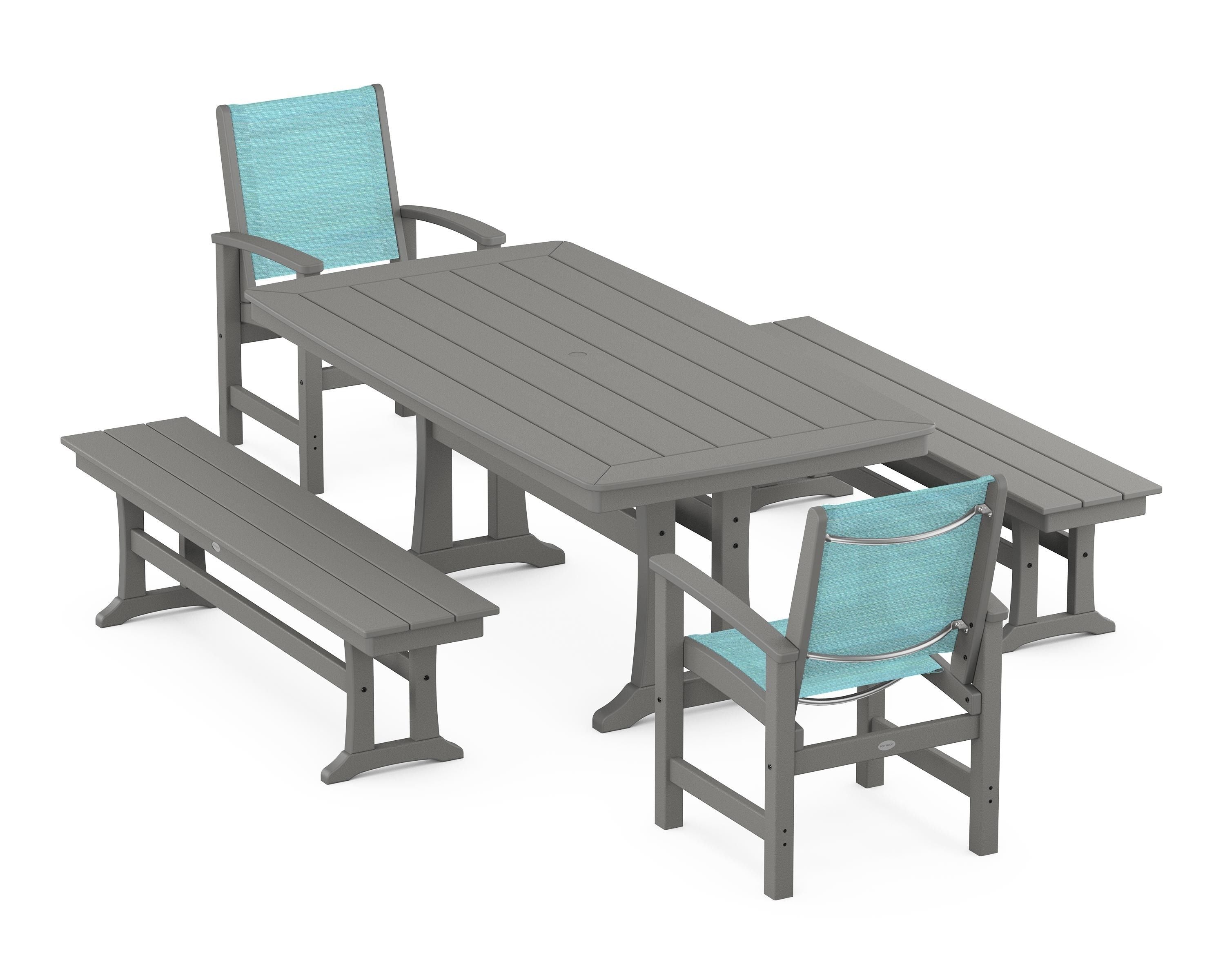 POLYWOOD Coastal 5-Piece Dining Set with Trestle Legs and Benches in Slate Grey / Dupioni Aquamarine Sling