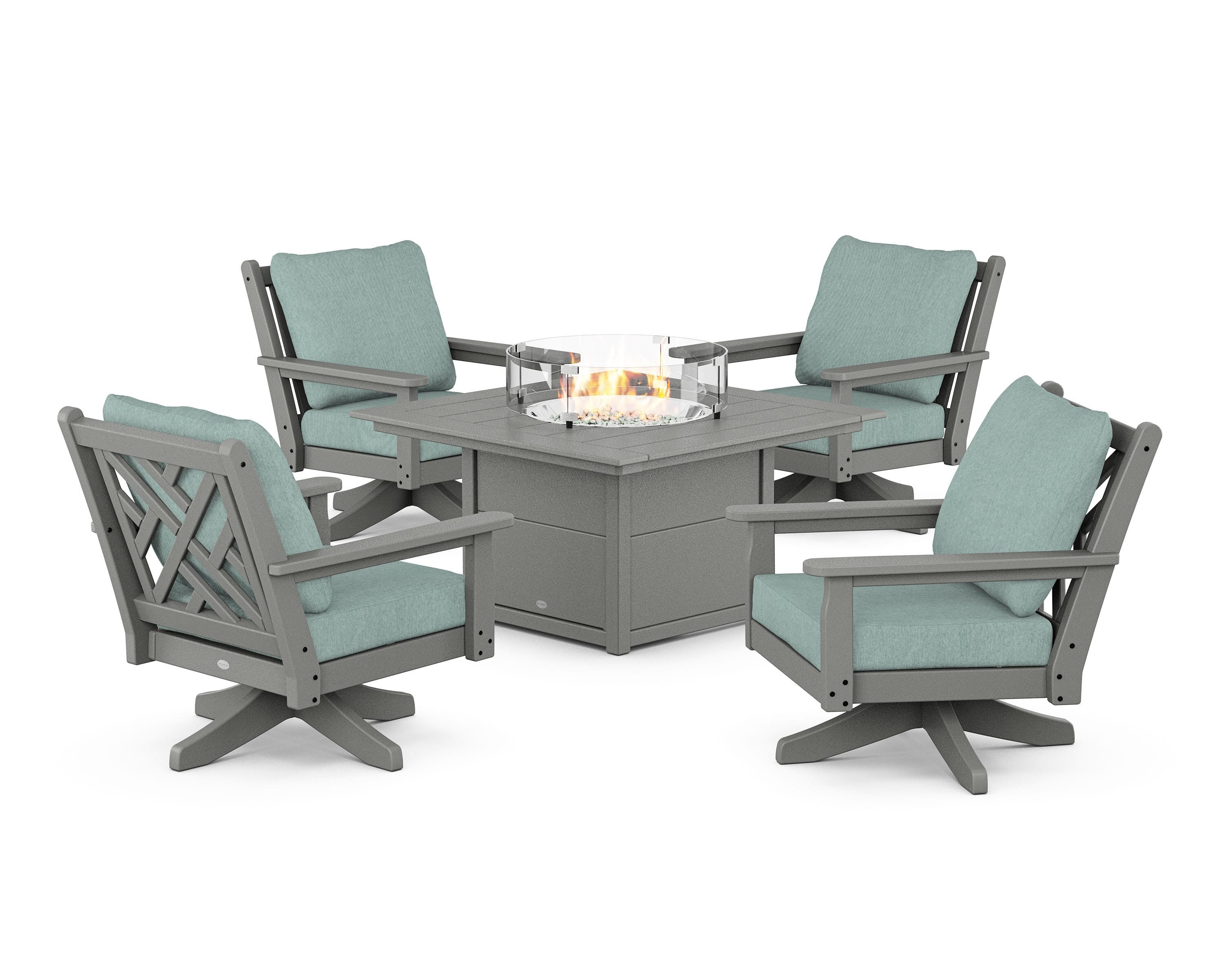 POLYWOOD Chippendale 5-Piece Deep Seating Swivel Conversation Set with Fire Pit Table in Slate Grey / Glacier Spa