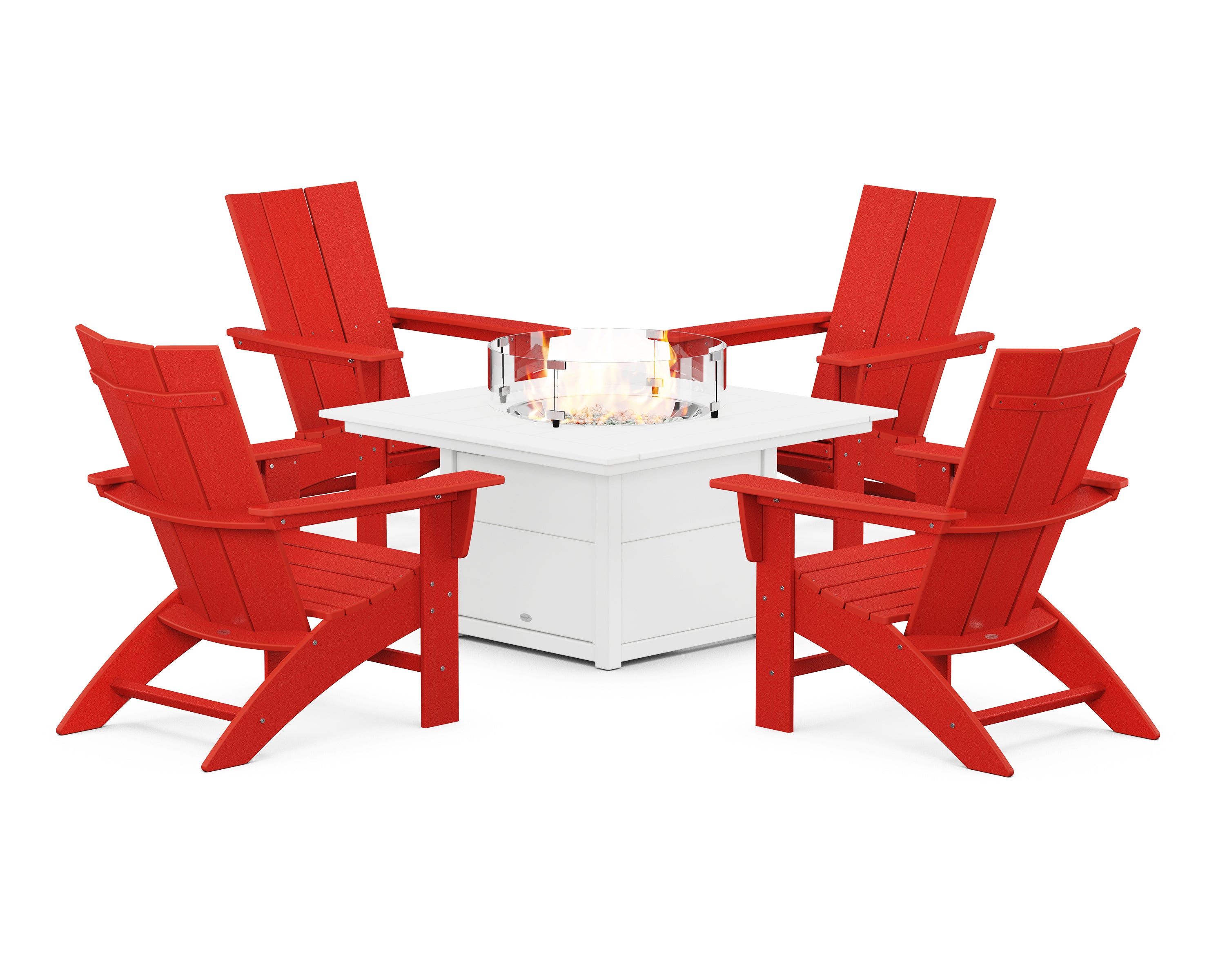 POLYWOOD® Modern Curveback Adirondack 5-Piece Conversation Set with Fire Pit Table in Sunset Red / White