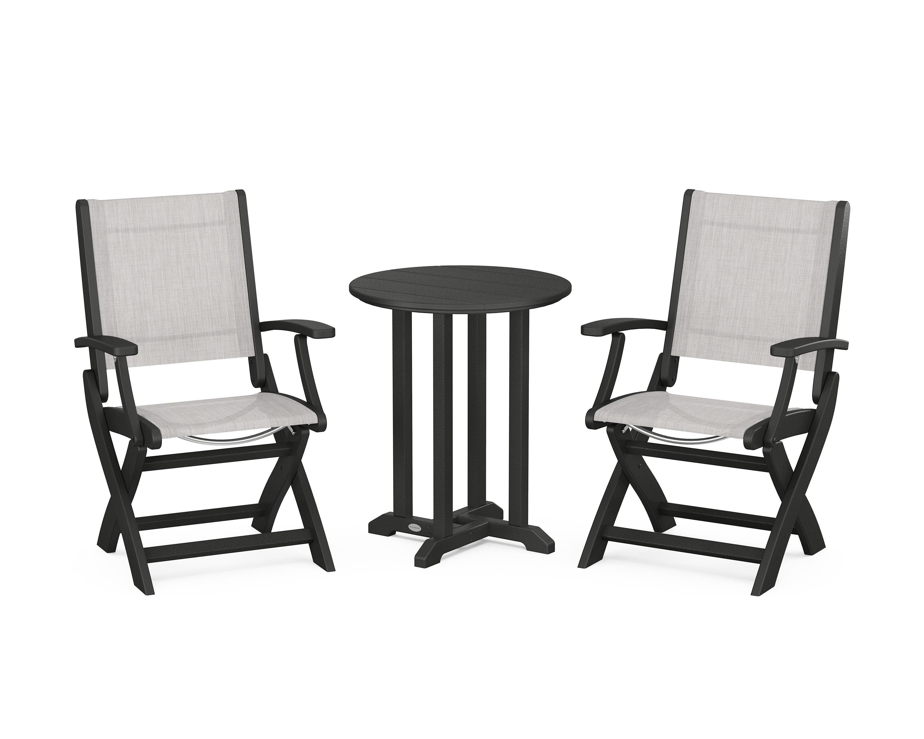 POLYWOOD Coastal Folding 3-Piece Round Bistro Dining Set in Black / Parchment Sling