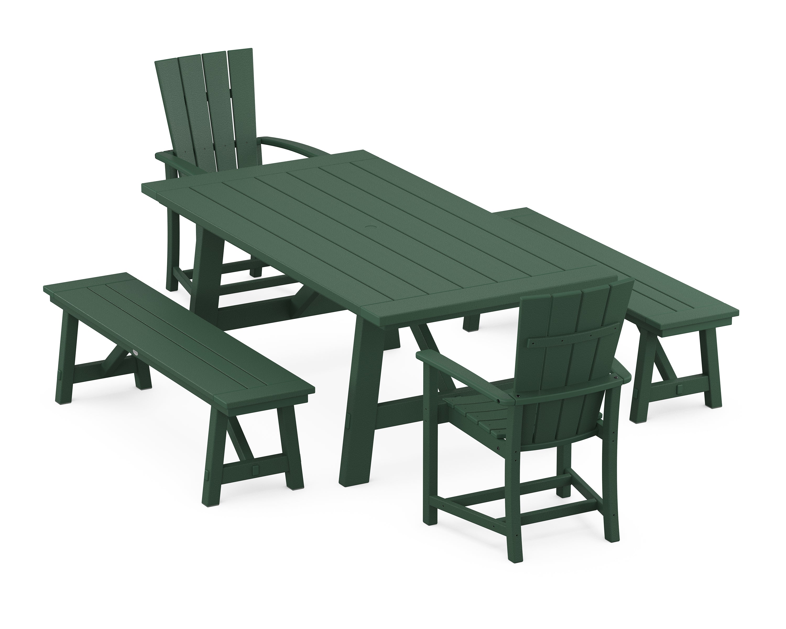 POLYWOOD® Quattro 5-Piece Rustic Farmhouse Dining Set With Benches in Green