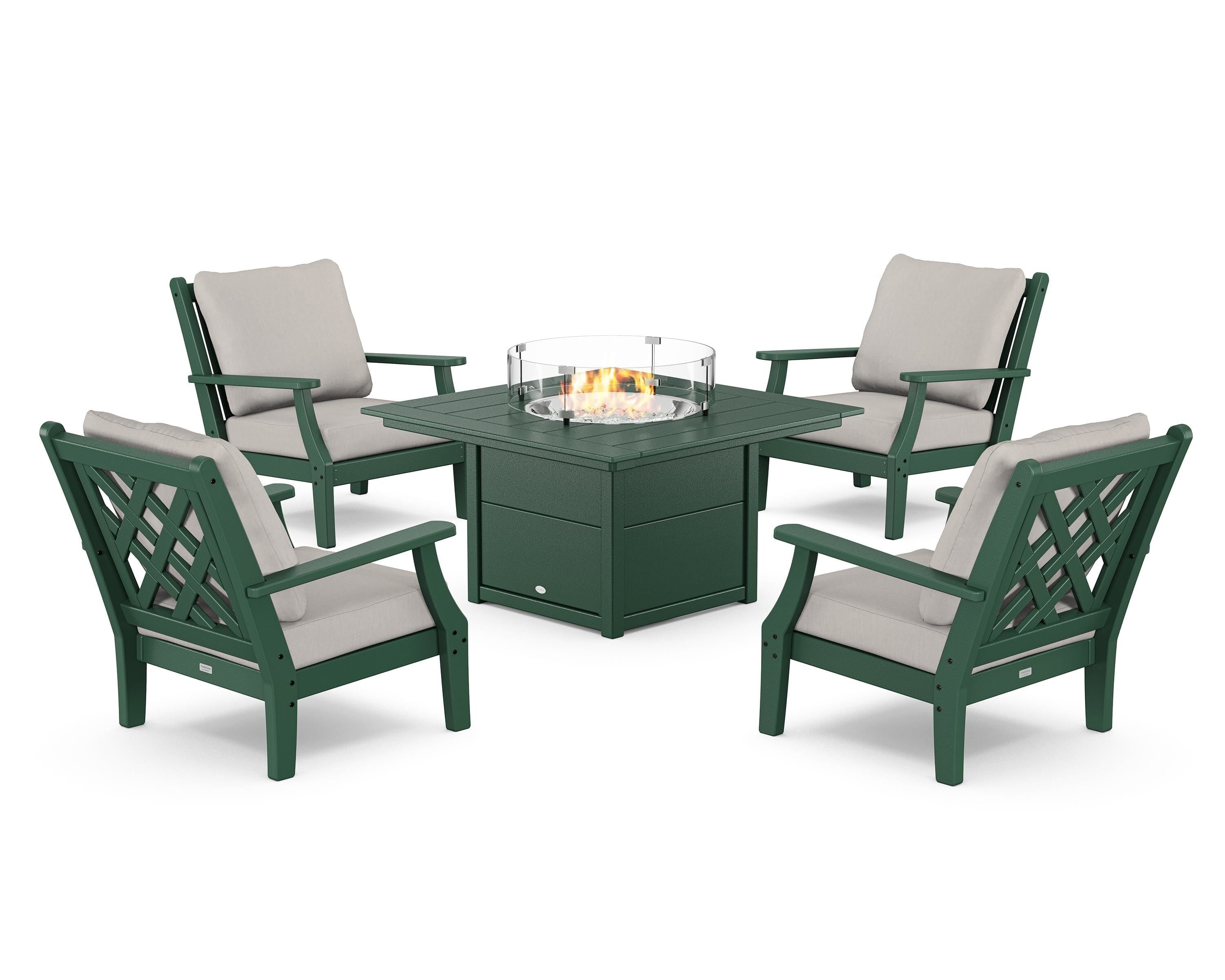 Country Living Wovendale 5-Piece Deep Seating Set with Fire Pit Table in Green / Cast Ash